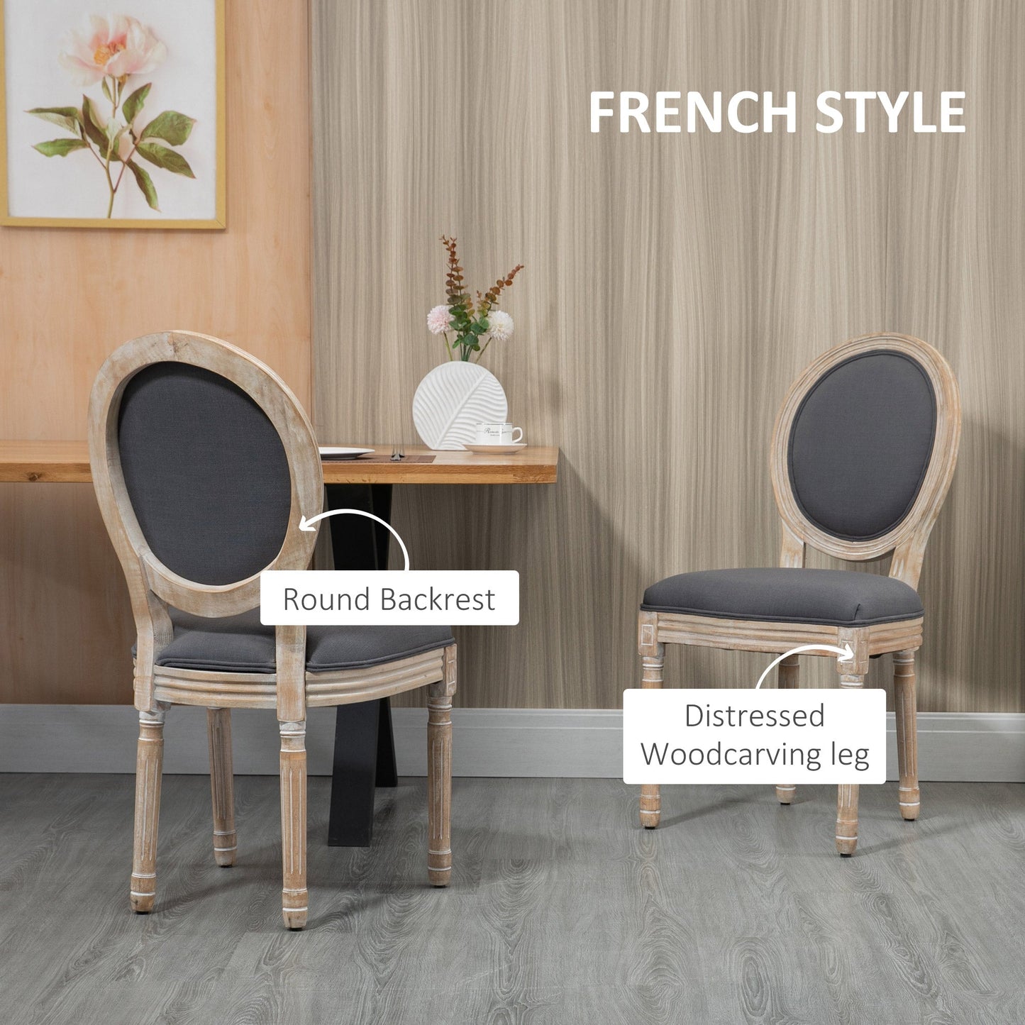 Dining Chairs Set of 2, French-Style Kitchen Chairs, Armless Accent Chairs with Linen Fabric Upholstery, Round Backrest and Solid Wooden Frame, Grey