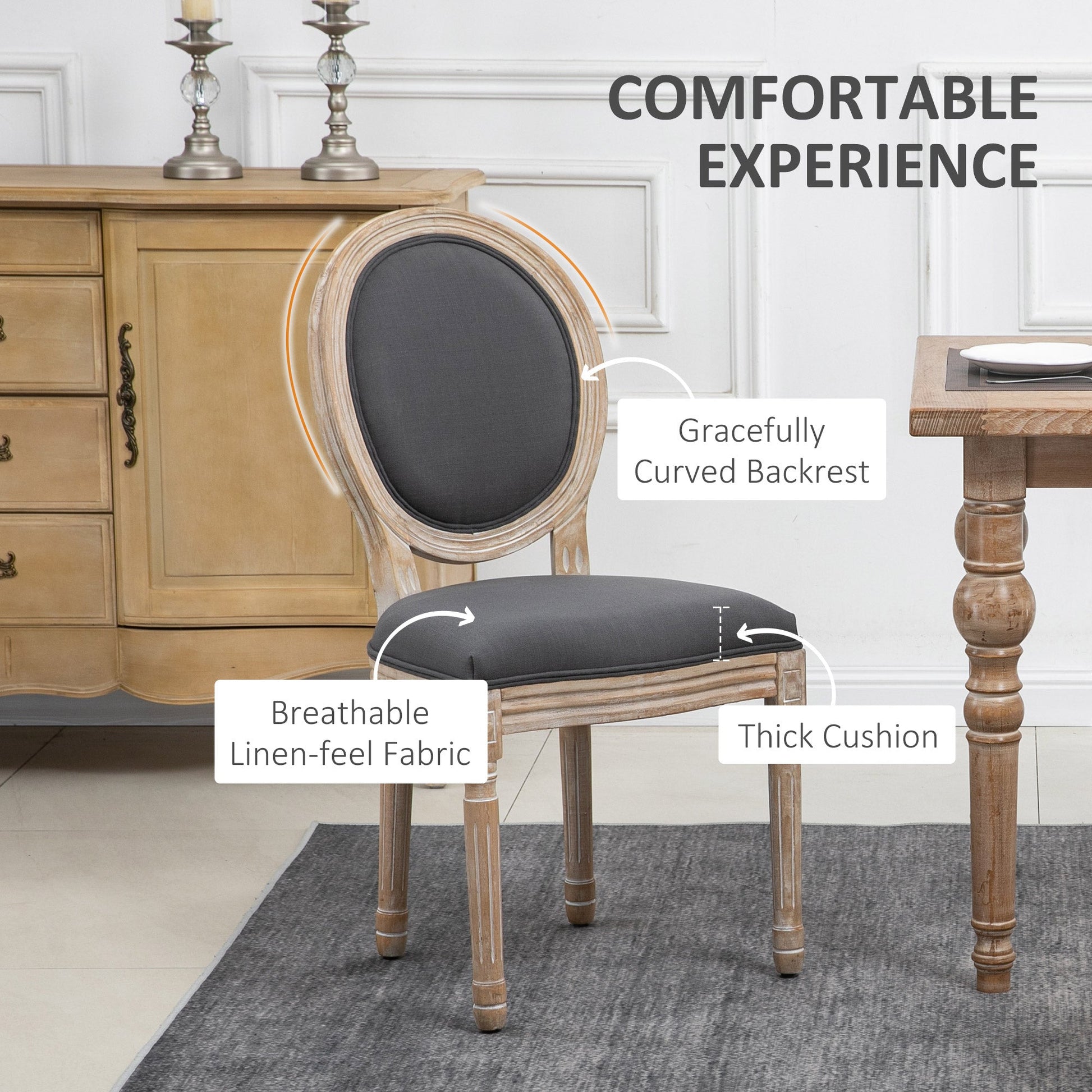 Dining Chairs Set of 2, French-Style Kitchen Chairs, Armless Accent Chairs with Linen Fabric Upholstery, Round Backrest and Solid Wooden Frame, Grey