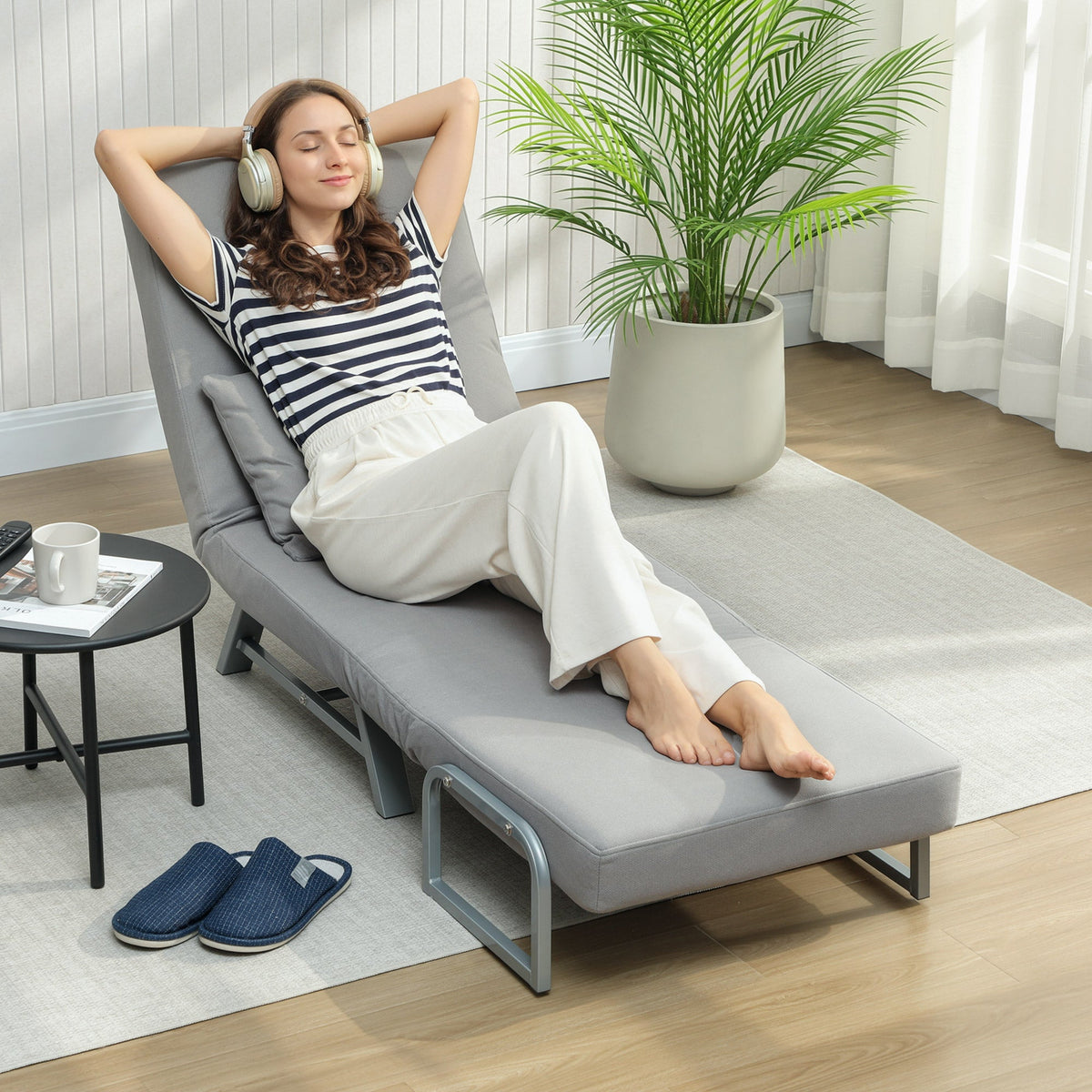 Single Sofa Bed, 3-in-1 Convertible Folding Chair Bed with Adjustable Backrest, Removable Armrests, Steel Legs, Linen Sleeper Chair for Living Room, Bedroom, Small Space, Light Grey