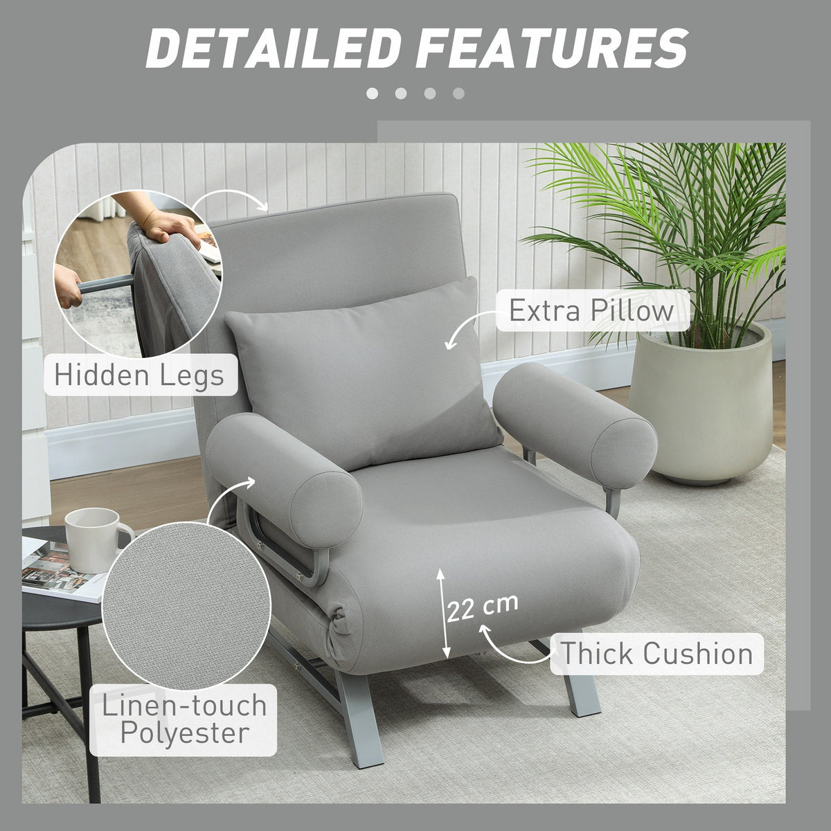 Single Sofa Bed, 3-in-1 Convertible Folding Chair Bed with Adjustable Backrest, Removable Armrests, Steel Legs, Linen Sleeper Chair for Living Room, Bedroom, Small Space, Light Grey