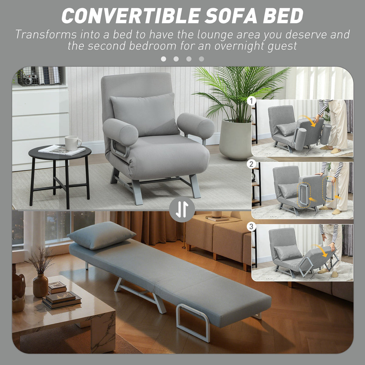 Single Sofa Bed, 3-in-1 Convertible Folding Chair Bed with Adjustable Backrest, Removable Armrests, Steel Legs, Linen Sleeper Chair for Living Room, Bedroom, Small Space, Light Grey