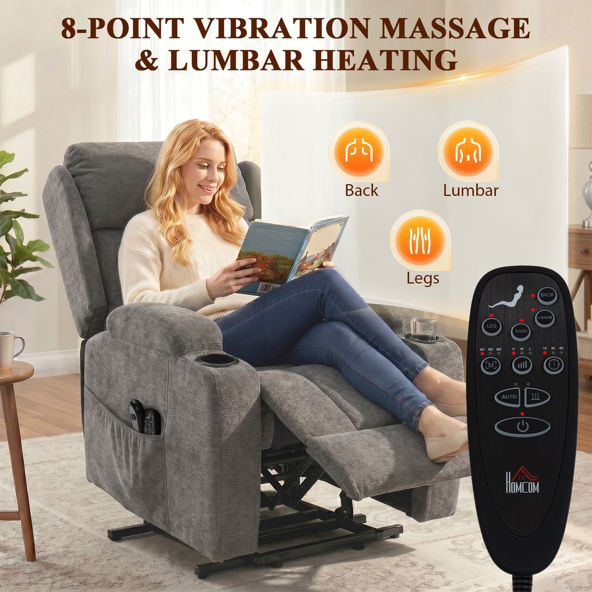 Power Lift Recliner Chair with Vibration Massage and Heat, Chenille Riser and Recliner Armchair for Elderly with Folding Headrest, Spring Cushion, Wide and High Back, Cup Holders, Remote, Grey
