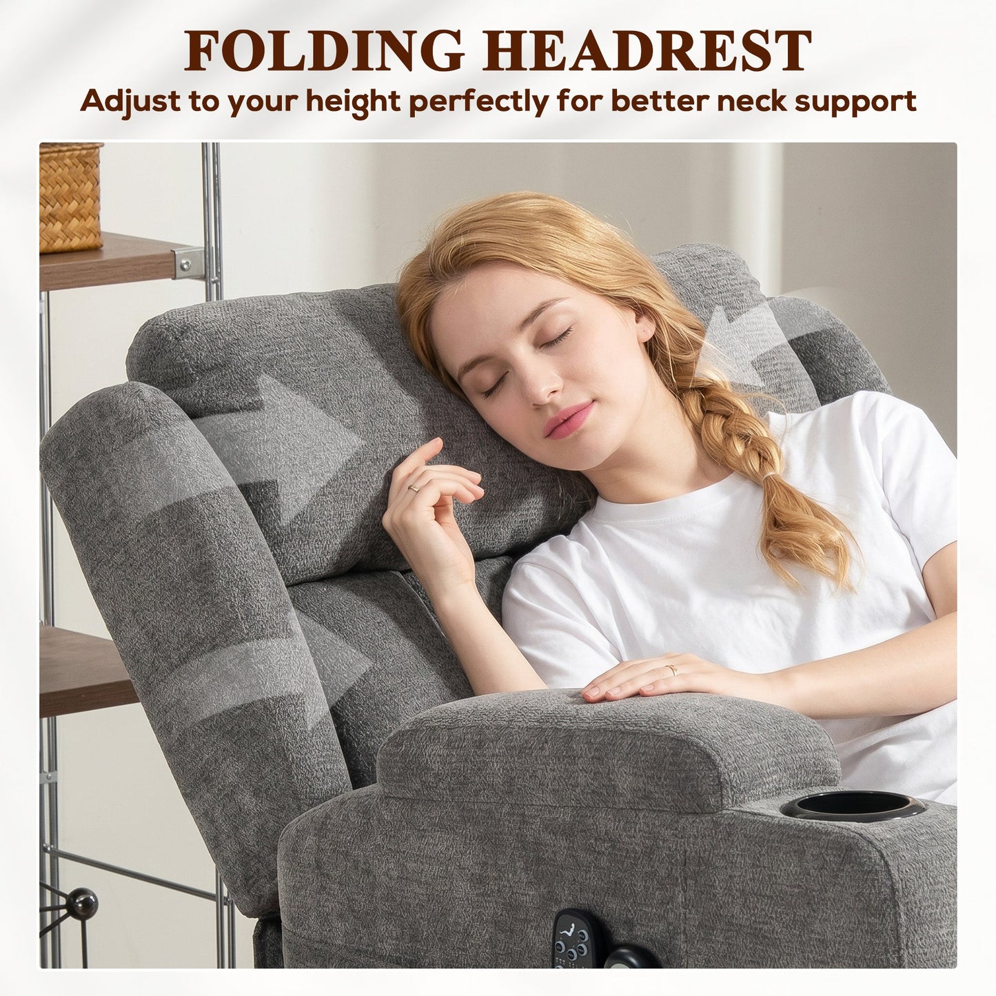 Power Lift Recliner Chair with Vibration Massage and Heat, Chenille Riser and Recliner Armchair for Elderly with Folding Headrest, Spring Cushion, Wide and High Back, Cup Holders, Remote, Grey