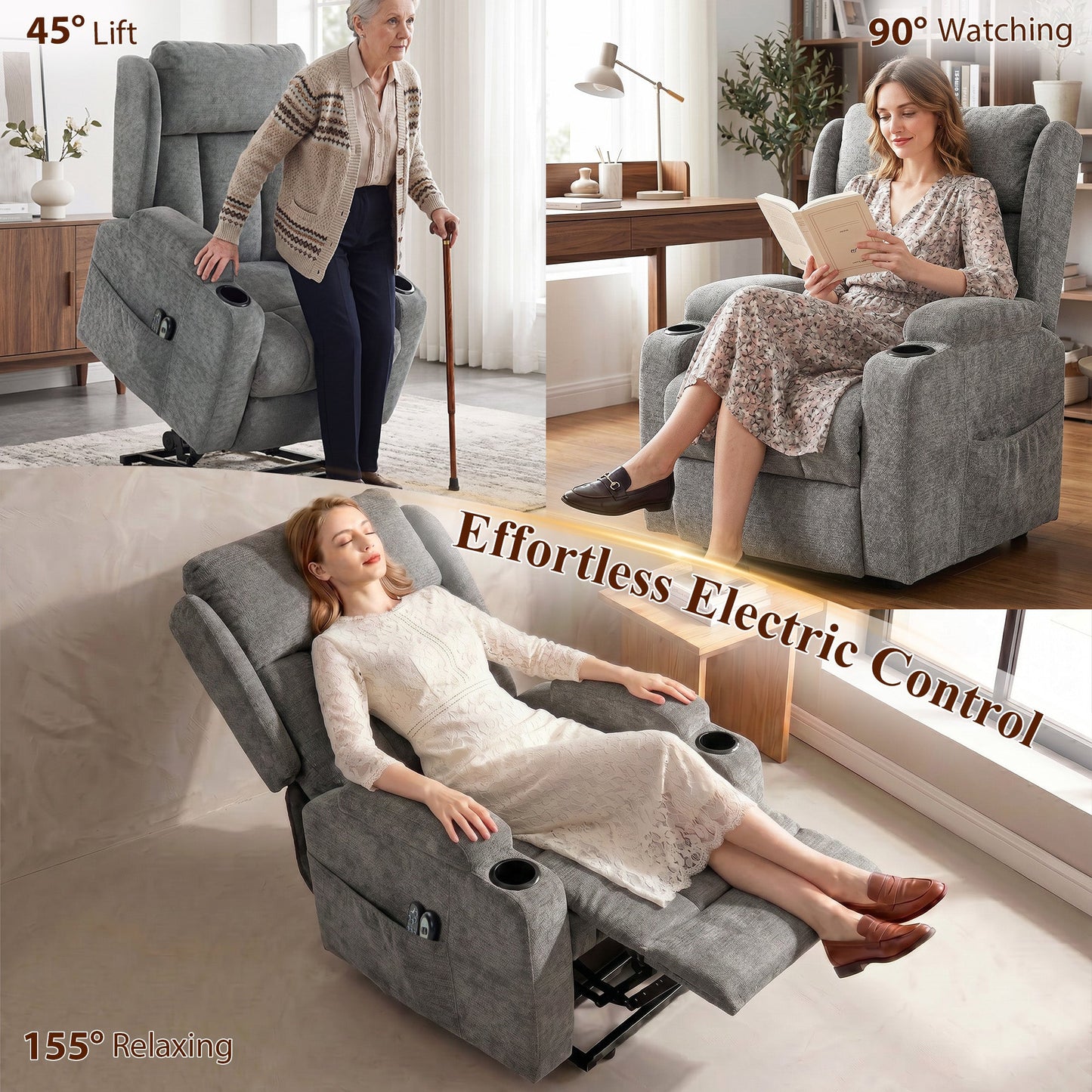 Power Lift Recliner Chair with Vibration Massage and Heat, Chenille Riser and Recliner Armchair for Elderly with Folding Headrest, Spring Cushion, Wide and High Back, Cup Holders, Remote, Grey