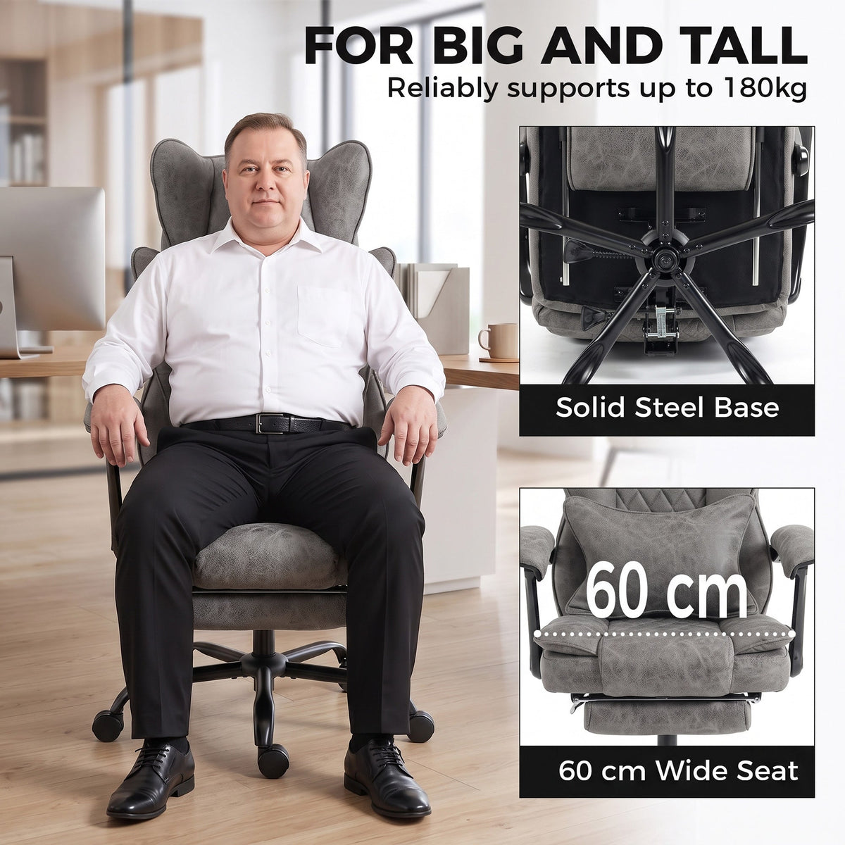 Executive Office Chair, 180kg Big and Tall Leathaire Desk Chair with Adjustable Headrest, Lumbar Support, Wide Seat, Reclining Back, Footrest, Swivel Wheels, Grey