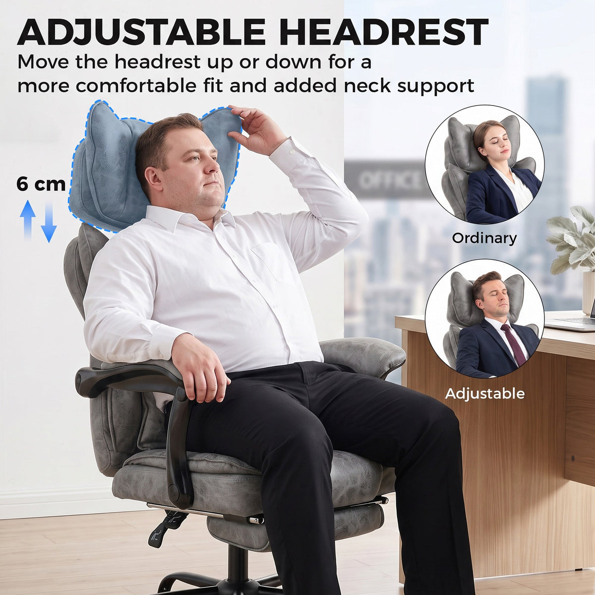 Executive Office Chair, 180kg Big and Tall Leathaire Desk Chair with Adjustable Headrest, Lumbar Support, Wide Seat, Reclining Back, Footrest, Swivel Wheels, Grey