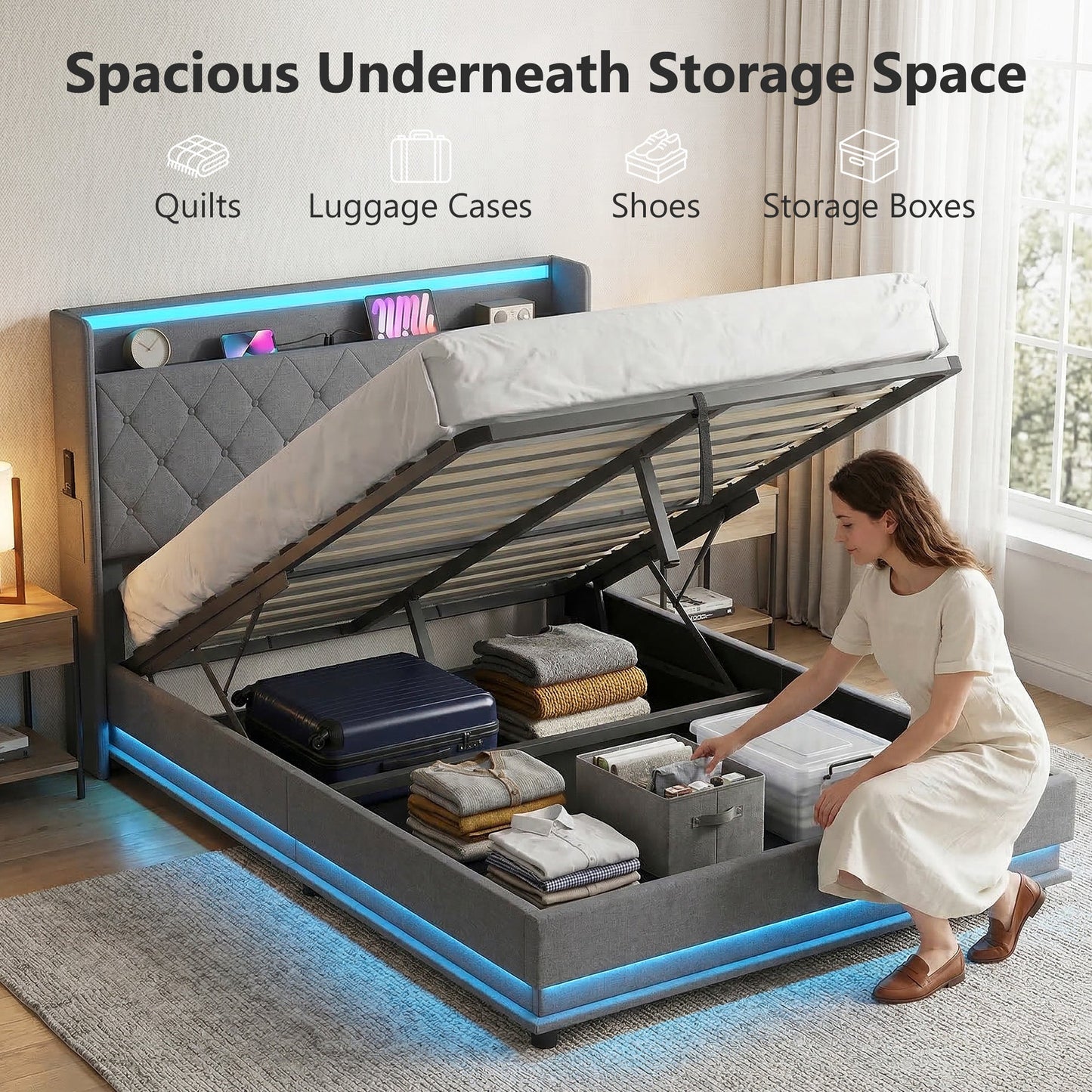 4ft6 Double Ottoman Bed Frame with Hydraulic Storage, APP Control LED Lights and Charging Station, Upholstered Lift Up Storage Bed Frame with Headboard, No Box Spring Needed, Dark Grey