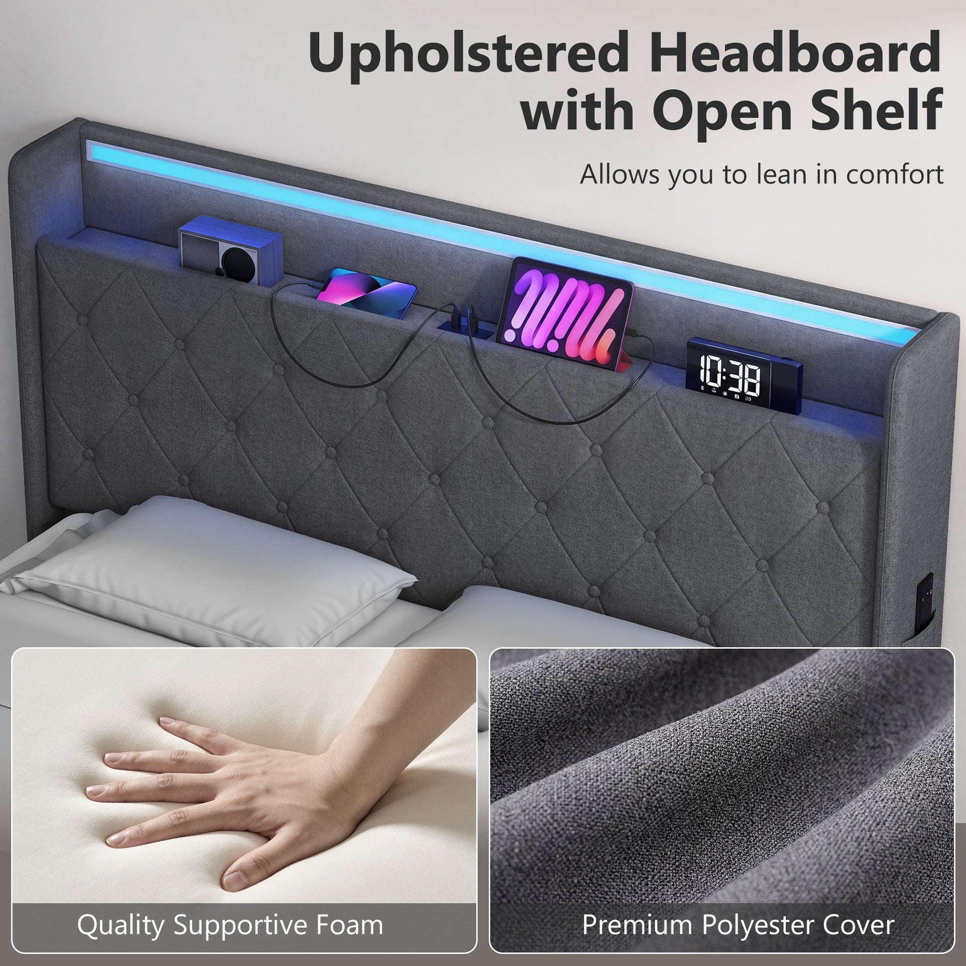 4ft6 Double Ottoman Bed Frame with Hydraulic Storage, APP Control LED Lights and Charging Station, Upholstered Lift Up Storage Bed Frame with Headboard, No Box Spring Needed, Dark Grey