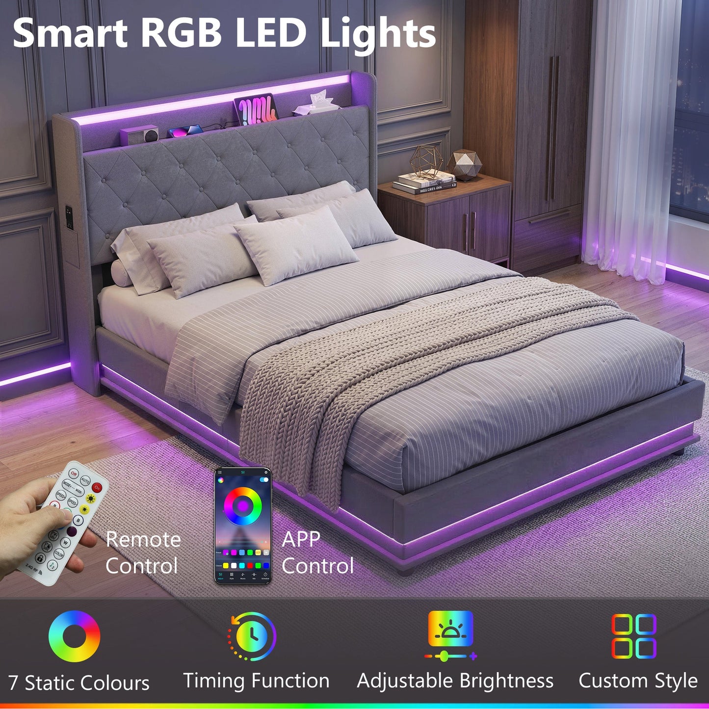 4ft6 Double Ottoman Bed Frame with Hydraulic Storage, APP Control LED Lights and Charging Station, Upholstered Lift Up Storage Bed Frame with Headboard, No Box Spring Needed, Dark Grey