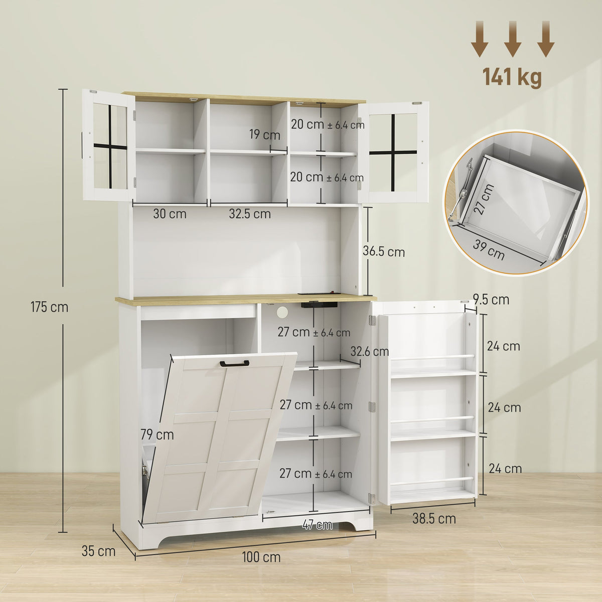 Kitchen Cupboard with Charging Station and 26.5 L Rubbish Bin Cabinet, 175cm Tall Kitchen Cabinet with 3 Door Shelves and 2 Acrylic Doors, Sideboard Storage Cabinet for Dining Room, White