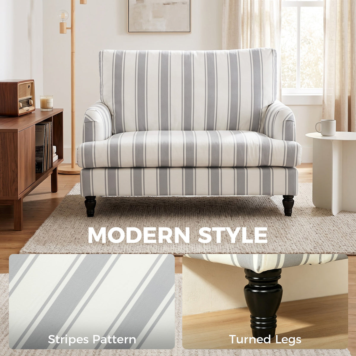 Modern Accent Chair, Velvet Single Sofa Armchair with Stripes, Turned Legs and Wide Seat, Upholstered Snuggle Chair for Living Room, Bedroom, Grey