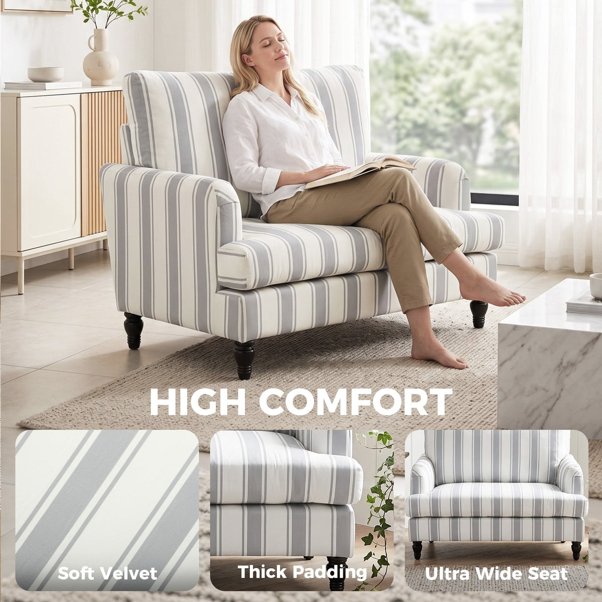 Modern Accent Chair, Velvet Single Sofa Armchair with Stripes, Turned Legs and Wide Seat, Upholstered Snuggle Chair for Living Room, Bedroom, Grey
