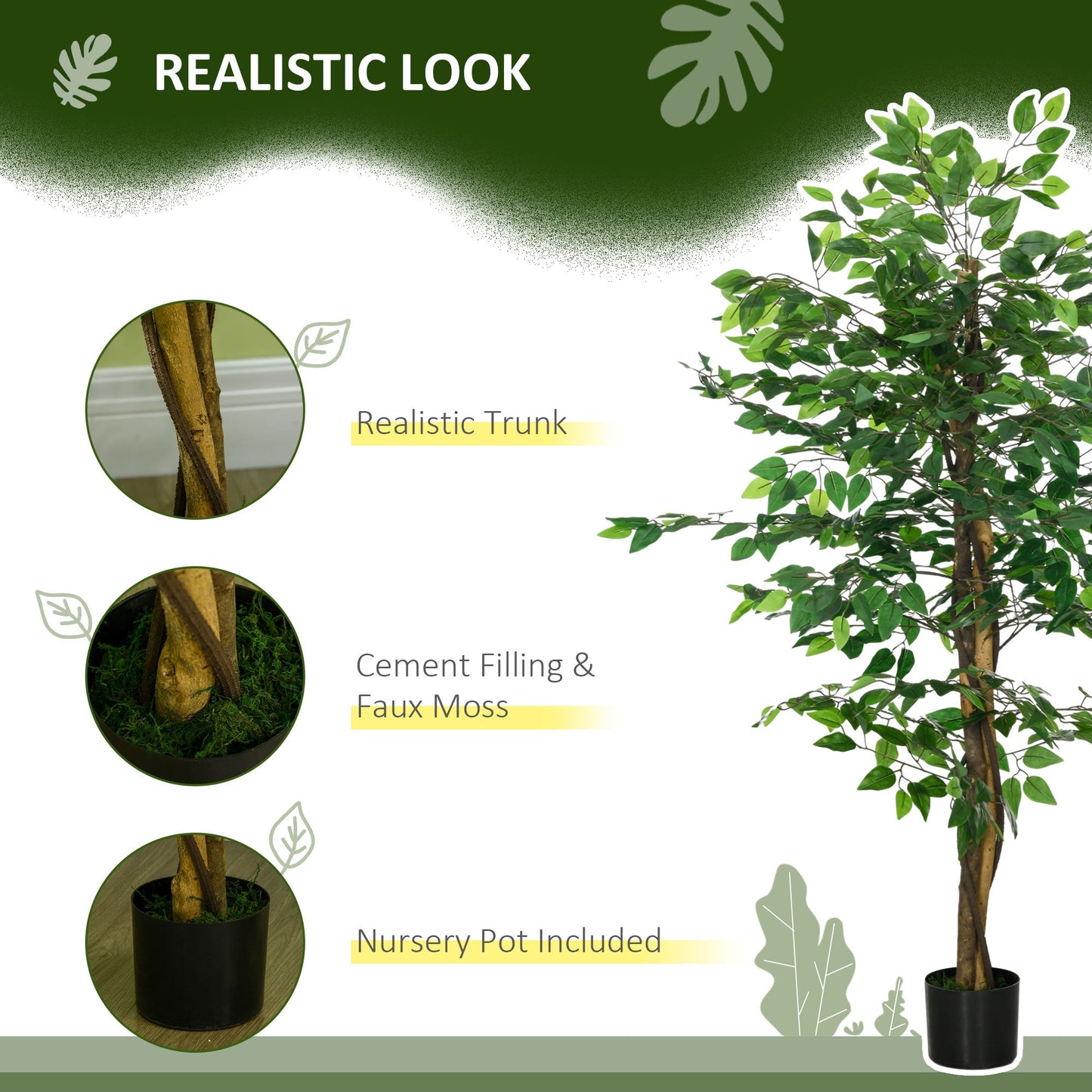 HOMCOM Decorative Artificial Plants Ficus in Pot, Fake Plants for Home Indoor Outdoor Decor, 150cm