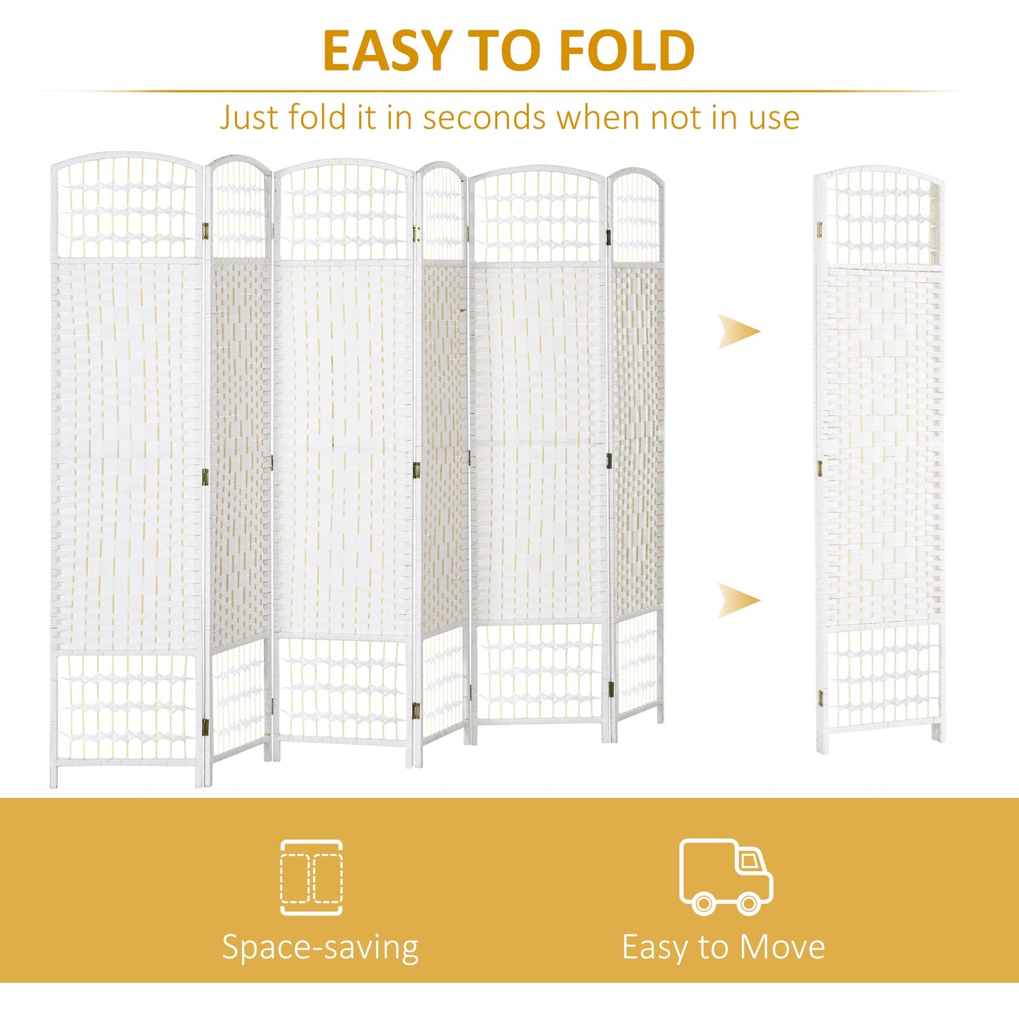 6 Panel Folding Room Divider, Privacy Screen, Freestanding Paravent Partition Separator for Living Room, Bedroom and Office, 240 x 170cm, White