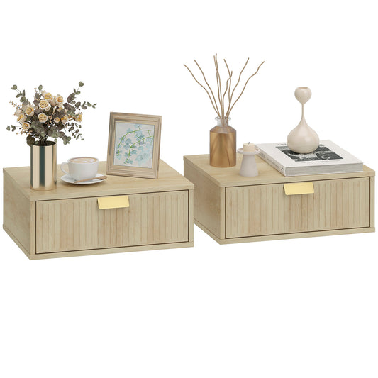 Modern Floating Nightstands Set of 2, Wall Mounted Bedside Tables with Wave Drawer for Bedroom and Living Room, Oak
