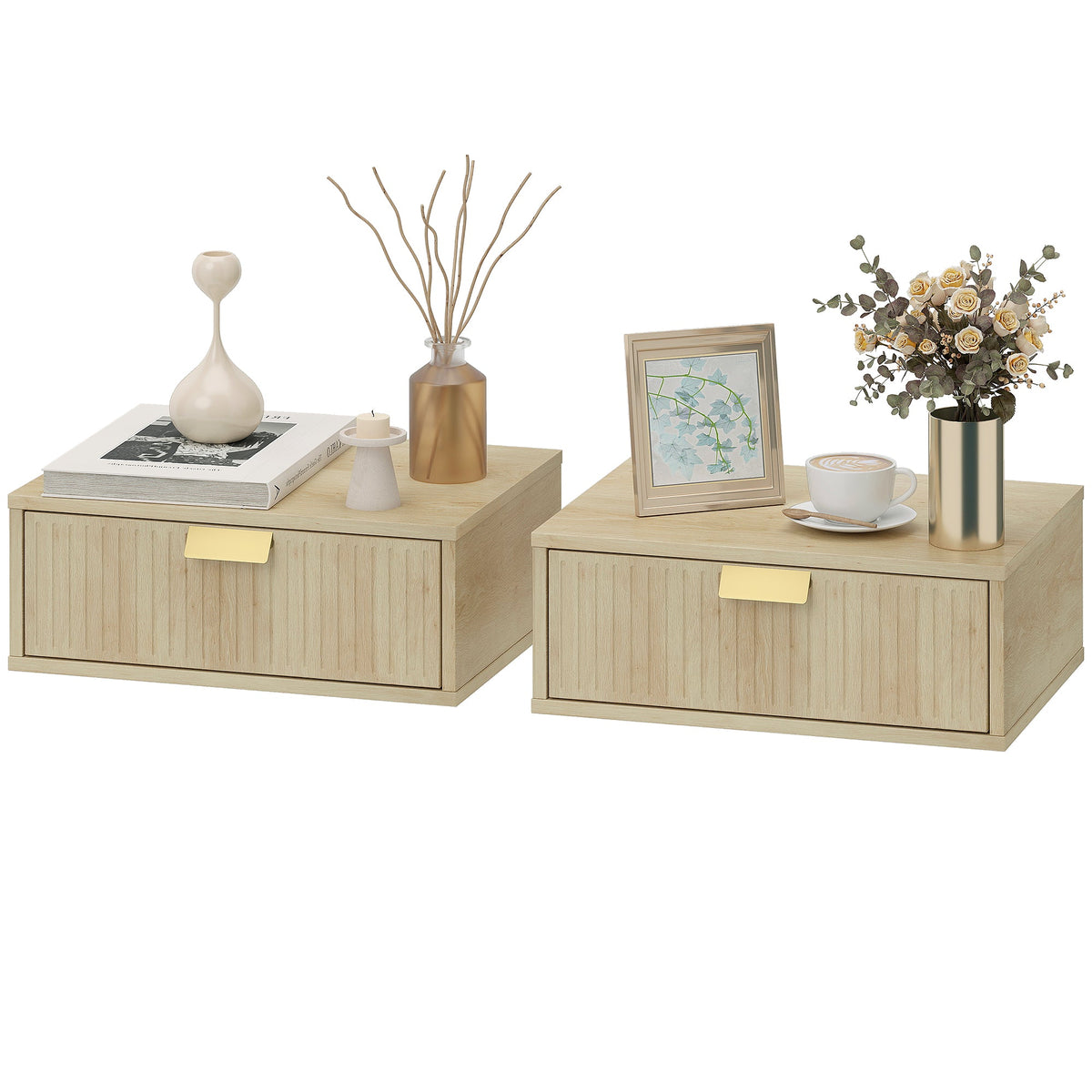 Modern Floating Nightstands Set of 2, Wall Mounted Bedside Tables with Wave Drawer for Bedroom and Living Room, Oak