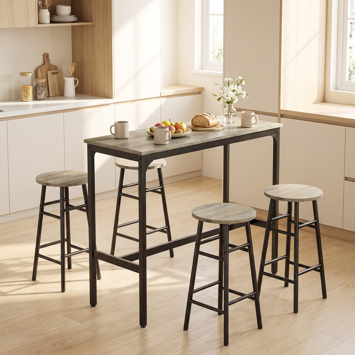5 Piece Bar Table Set with 4 Stools, Industrial Bar Table and Stool Set, Dining Table and Chair Set for Small Space, Grey Wood Effect