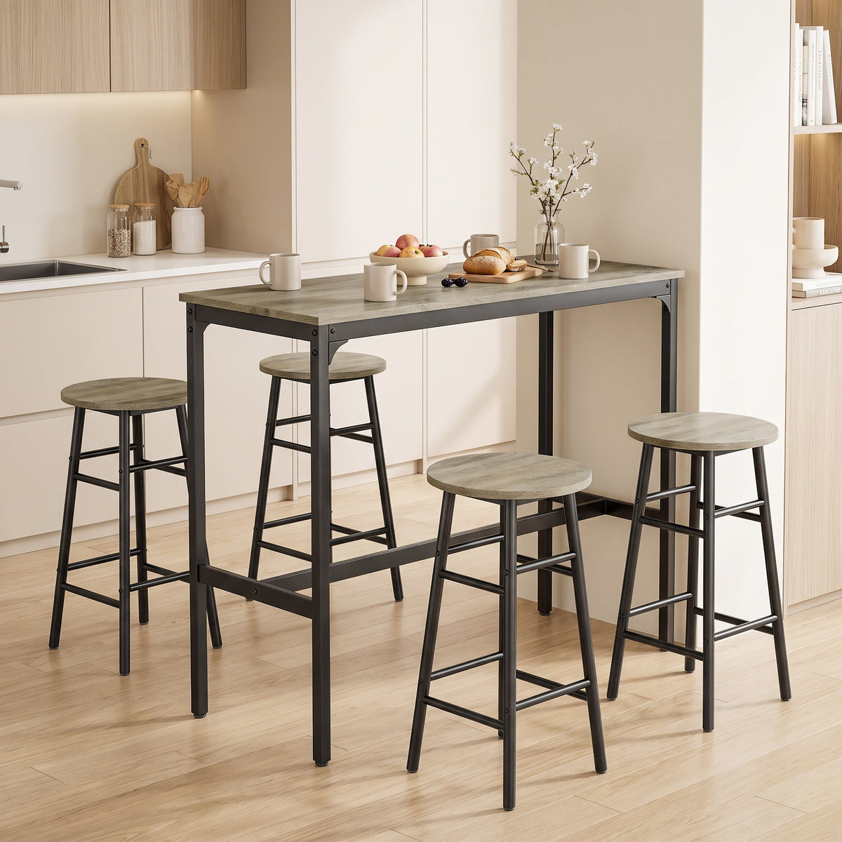 5 Piece Bar Table Set with 4 Stools, Industrial Bar Table and Stool Set, Dining Table and Chair Set for Small Space, Grey Wood Effect