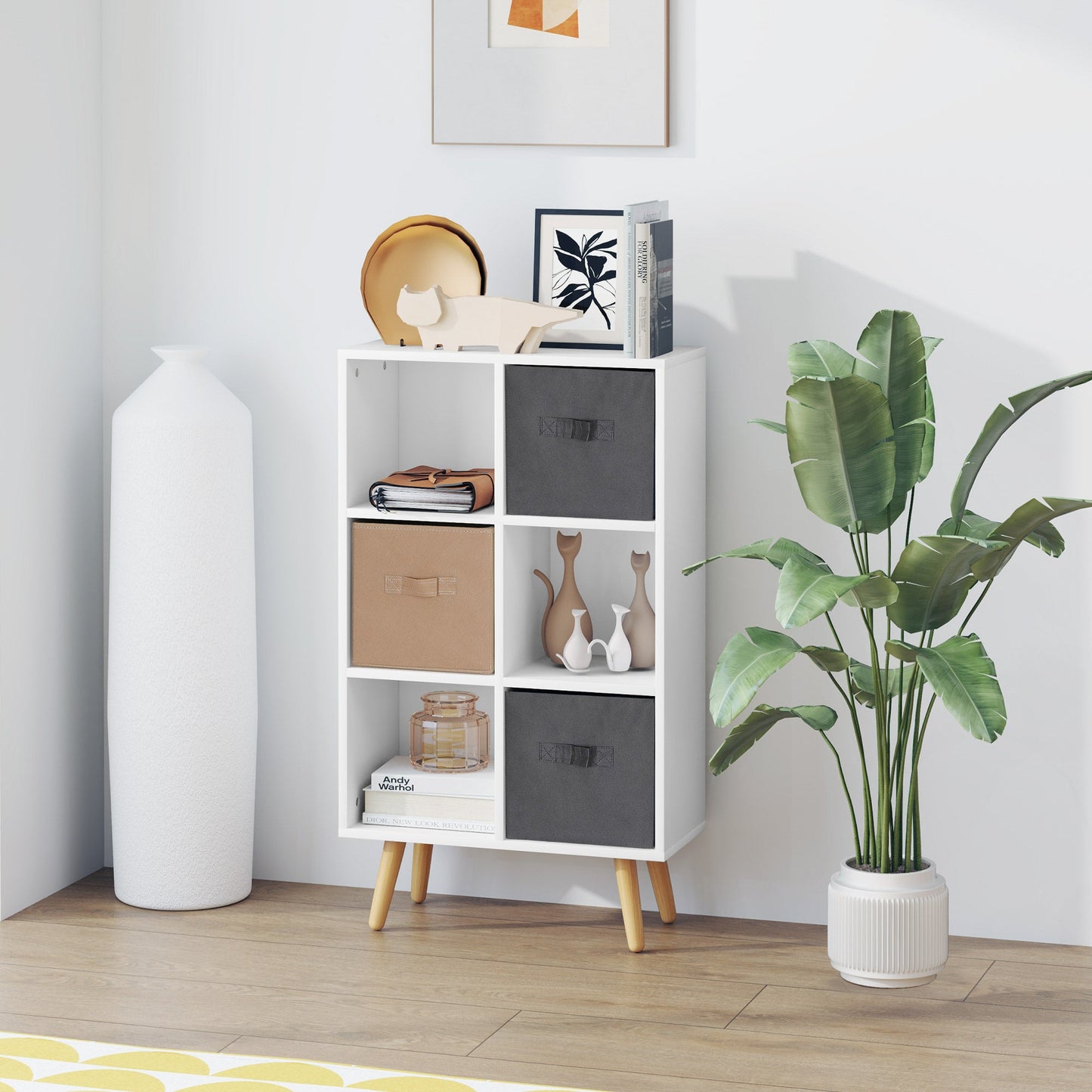 HOMCOM Freestanding 6 Cube Storage Cabinet Unit w/ 3 Fabric Drawers Handles Home Office Organisation Shelves Furniture