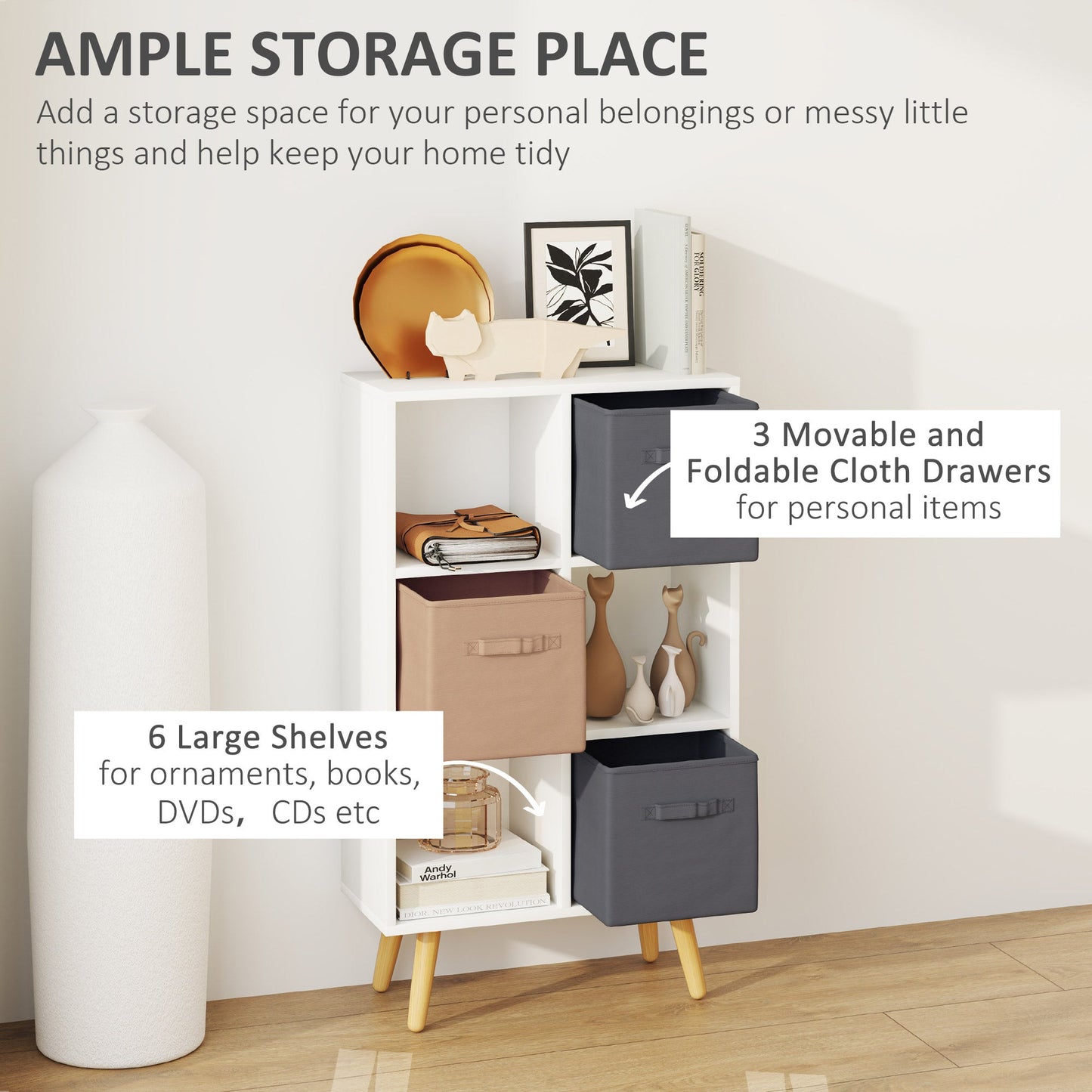 HOMCOM Freestanding 6 Cube Storage Cabinet Unit w/ 3 Fabric Drawers Handles Home Office Organisation Shelves Furniture