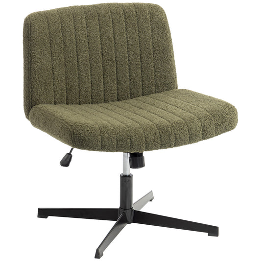 Armless Office Chair No Wheels, Teddy Fleece Criss Cross Legged Desk Chair with Wide Seat, Thick Padding, Rock Function, Height Adjustable Swivel Computer Seat for Home, Green