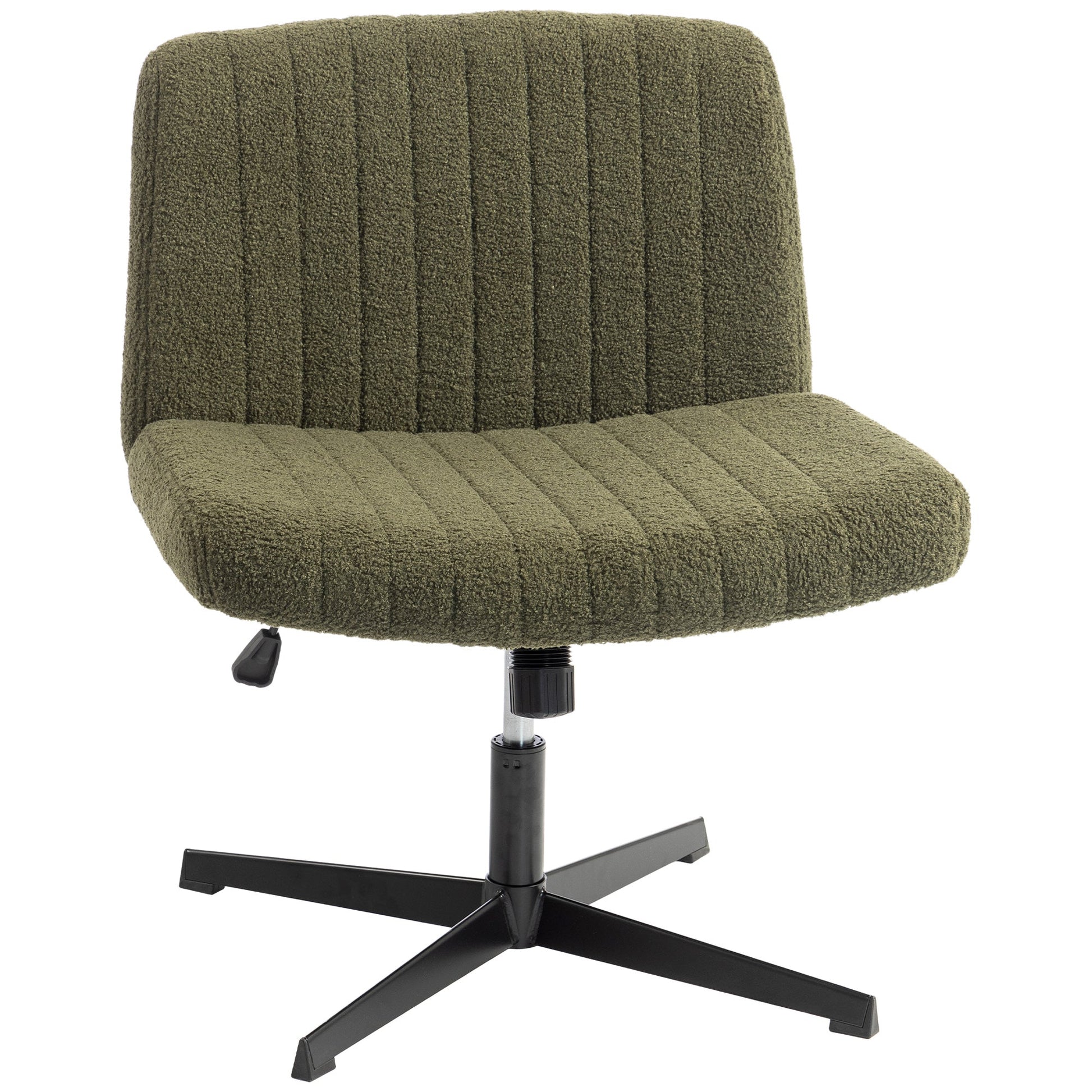 Armless Office Chair No Wheels, Teddy Fleece Criss Cross Legged Desk Chair with Wide Seat, Thick Padding, Rock Function, Height Adjustable Swivel Computer Seat for Home, Green