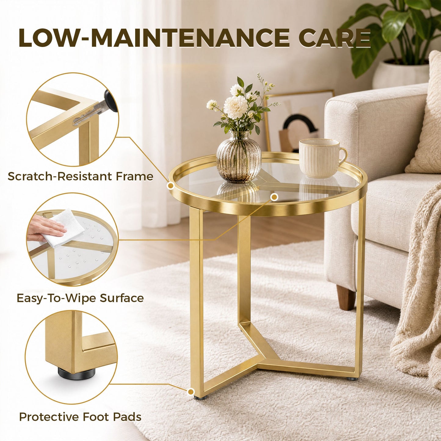 Round Side Table with Tempered Glass Top, Modern End Table with Geometric Metal Frame for Small Space, Living Room and Bedroom, Gold Tone