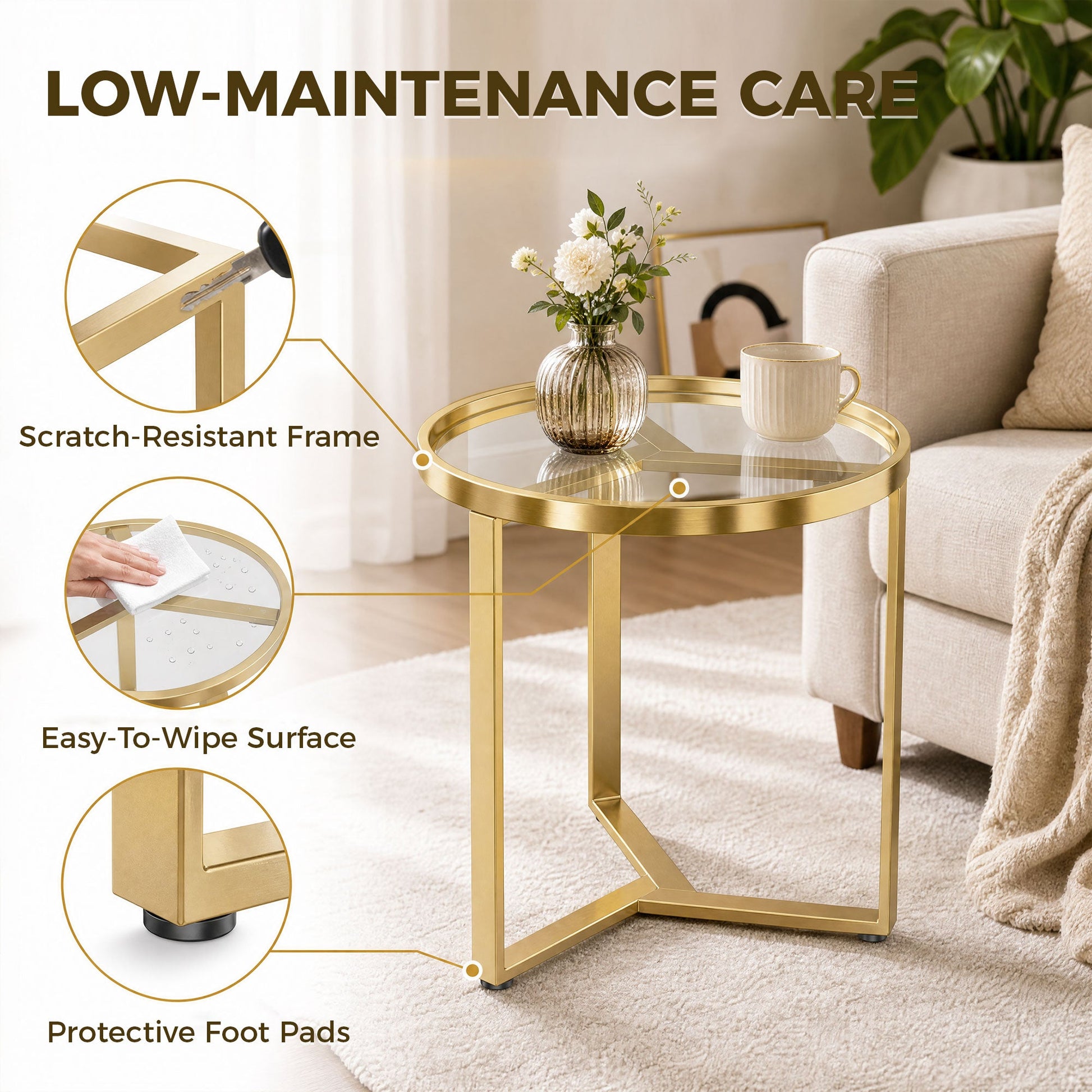 Round Side Table with Tempered Glass Top, Modern End Table with Geometric Metal Frame for Small Space, Living Room and Bedroom, Gold Tone
