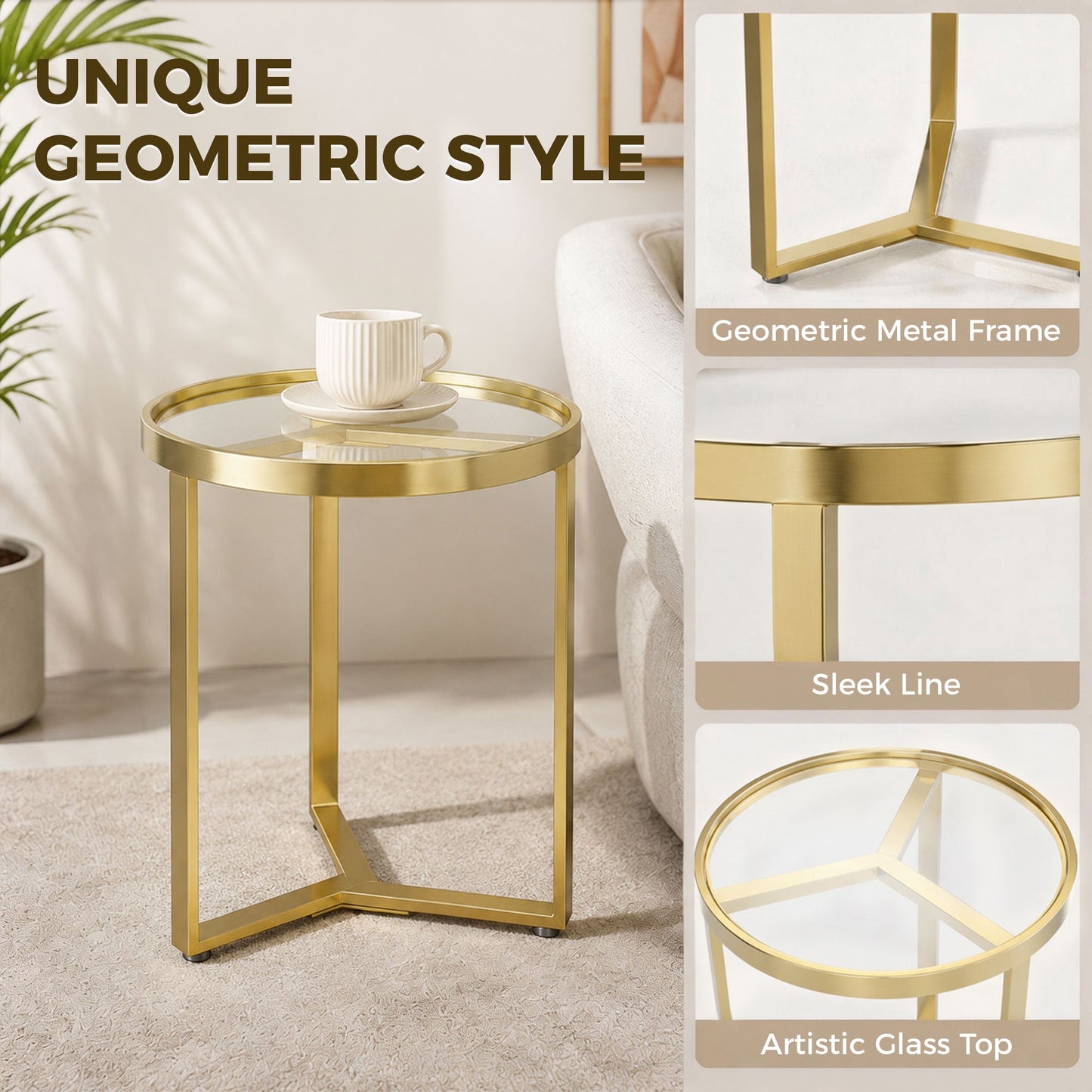 Round Side Table with Tempered Glass Top, Modern End Table with Geometric Metal Frame for Small Space, Living Room and Bedroom, Gold Tone