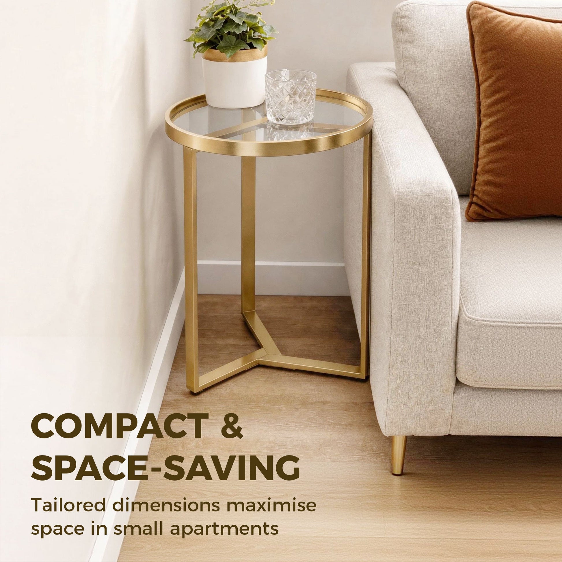 Round Side Table with Tempered Glass Top, Modern End Table with Geometric Metal Frame for Small Space, Living Room and Bedroom, Gold Tone