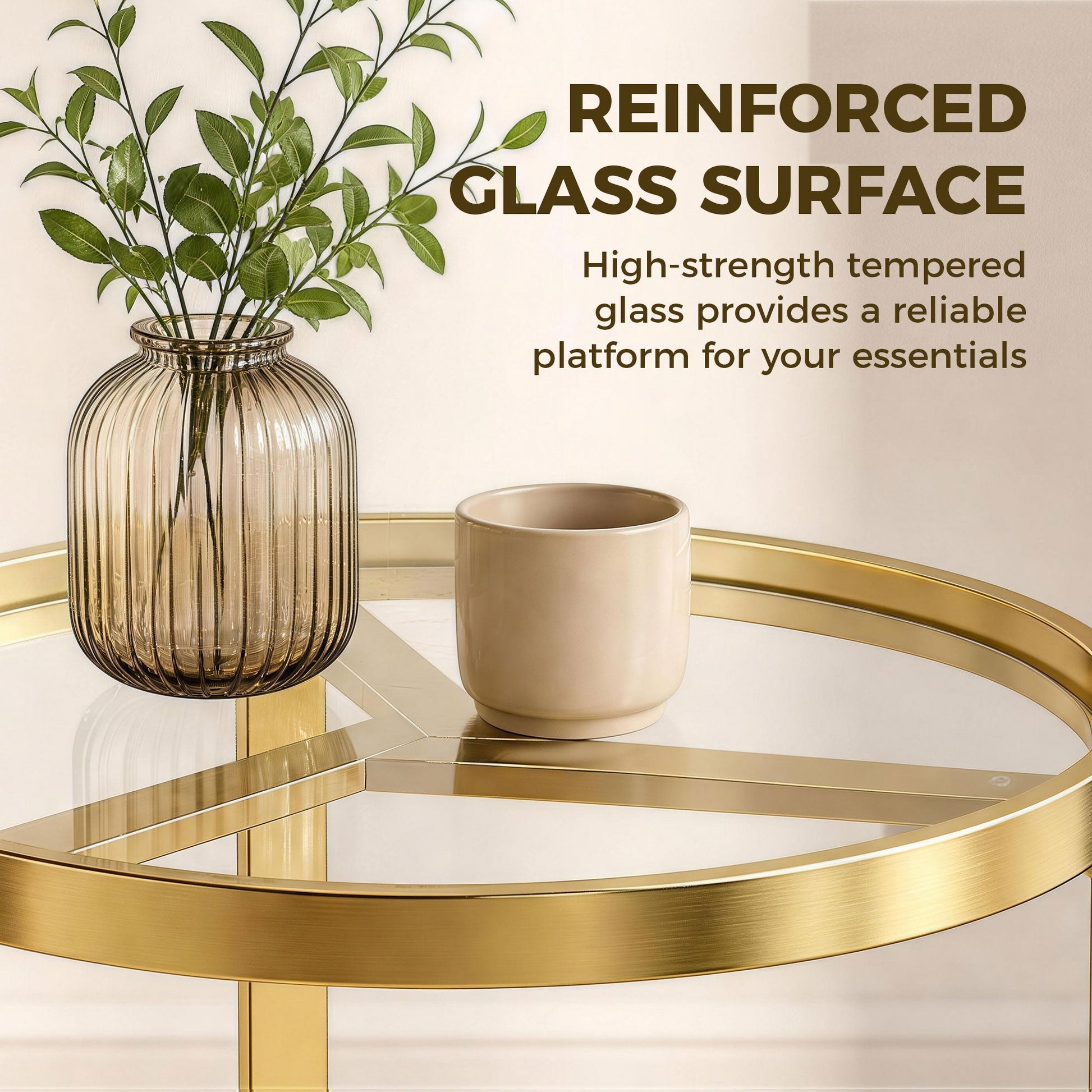 Round Side Table with Tempered Glass Top, Modern End Table with Geometric Metal Frame for Small Space, Living Room and Bedroom, Gold Tone