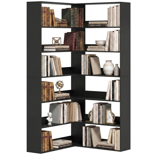 7 Tiers Corner Bookshelf, L-Shaped Bookcase with Anti-Slip Rear Guard, Storage Shelves for Living Room, Bedroom and Home Office, 90W x 90D x 180H cm, Black Wood Effect