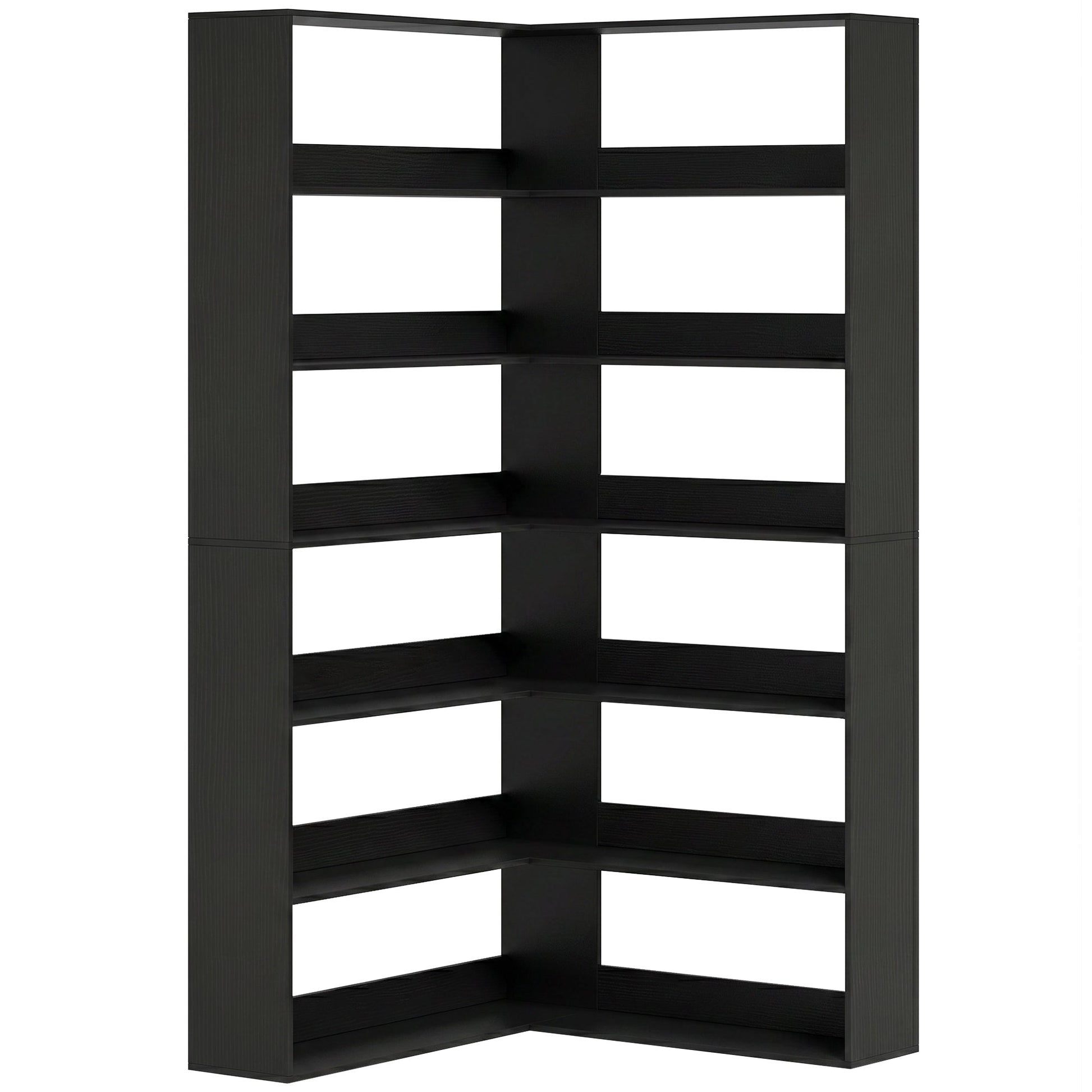 7 Tiers Corner Bookshelf, L-Shaped Bookcase with Anti-Slip Rear Guard, Storage Shelves for Living Room, Bedroom and Home Office, 90W x 90D x 180H cm, Black Wood Effect