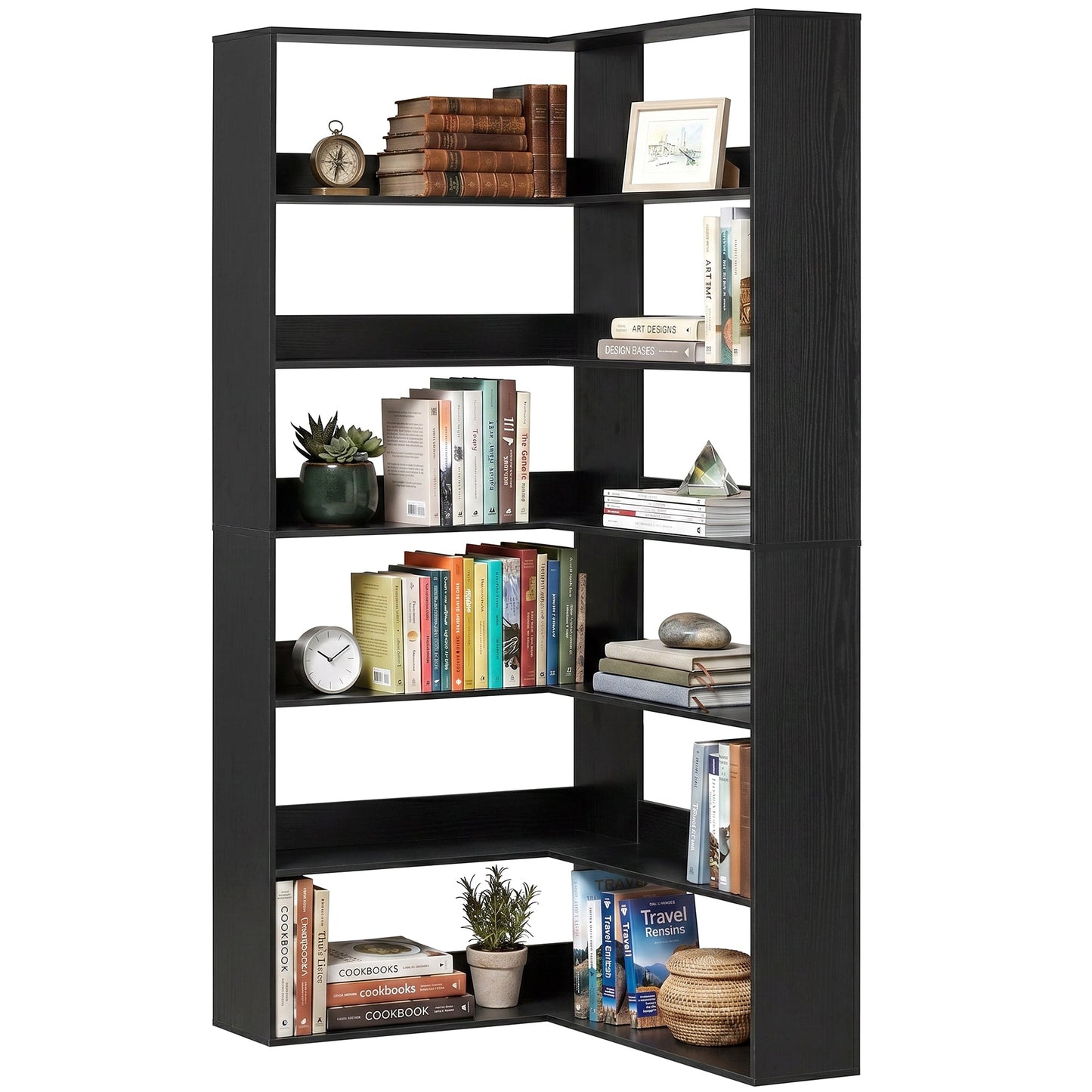 7 Tiers Corner Bookshelf, L-Shaped Bookcase with Anti-Slip Rear Guard, Storage Shelves for Living Room, Bedroom and Home Office, 90W x 90D x 180H cm, Black Wood Effect