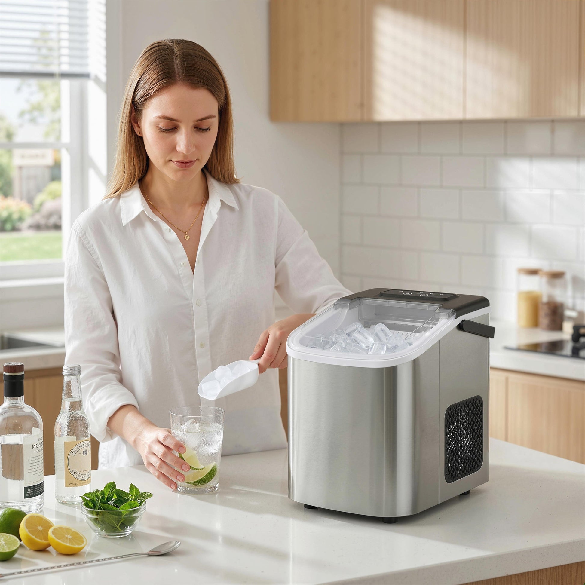 Ice Maker Machine Countertop, 9 Cubes Ready in 7 Mins, 12 KG in 24Hrs, 2 Sizes of Bullet, Self-Cleaning Ice Machine with Portable Handle, Scoop and Basket for Home Kitchen Office RV