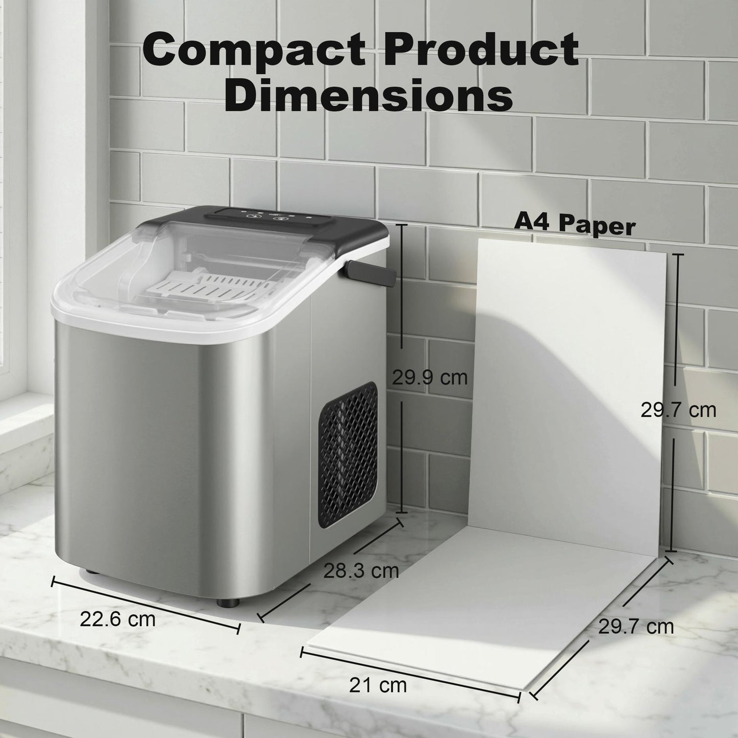 Ice Maker Machine Countertop, 9 Cubes Ready in 7 Mins, 12 KG in 24Hrs, 2 Sizes of Bullet, Self-Cleaning Ice Machine with Portable Handle, Scoop and Basket for Home Kitchen Office RV