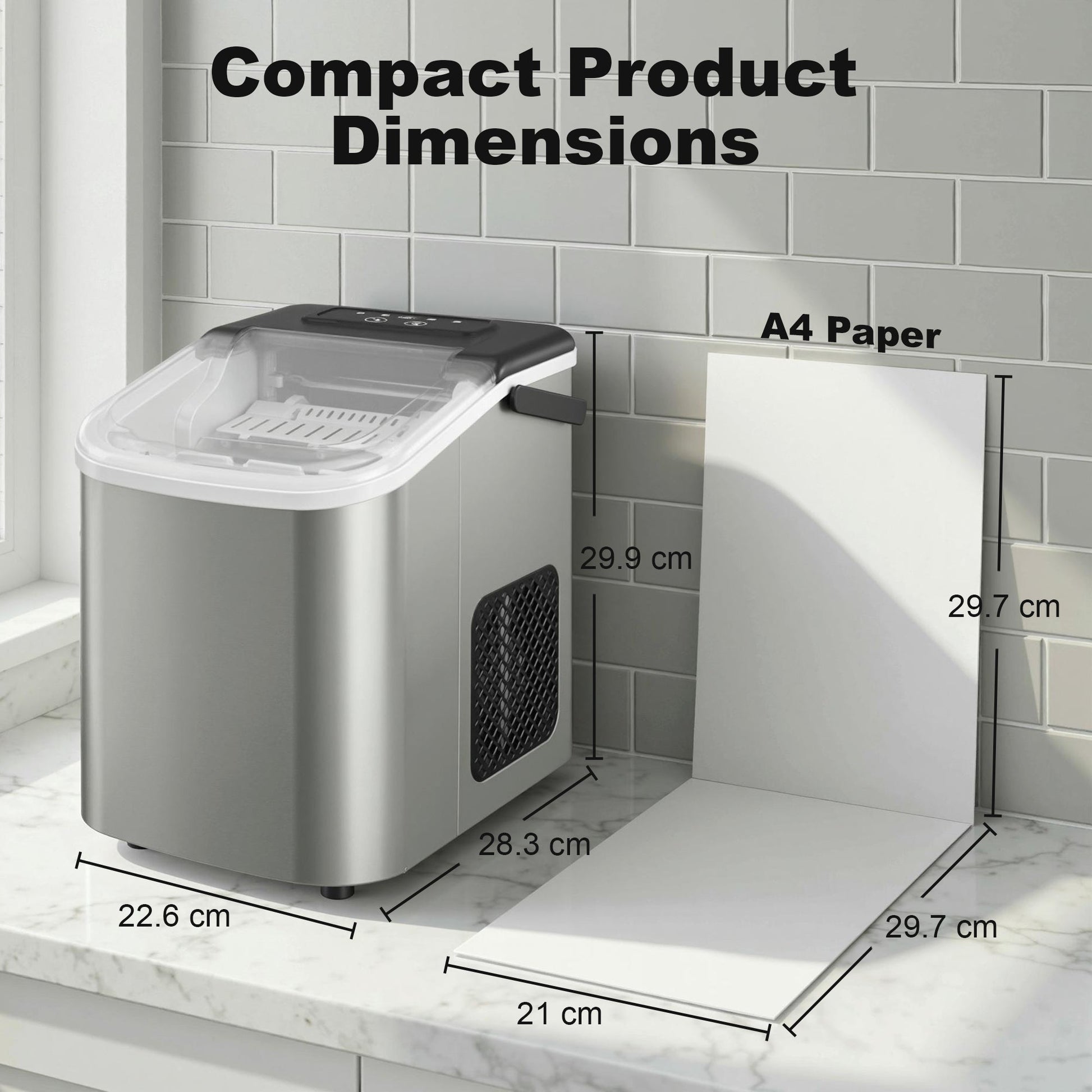 Ice Maker Machine Countertop, 9 Cubes Ready in 7 Mins, 12 KG in 24Hrs, 2 Sizes of Bullet, Self-Cleaning Ice Machine with Portable Handle, Scoop and Basket for Home Kitchen Office RV