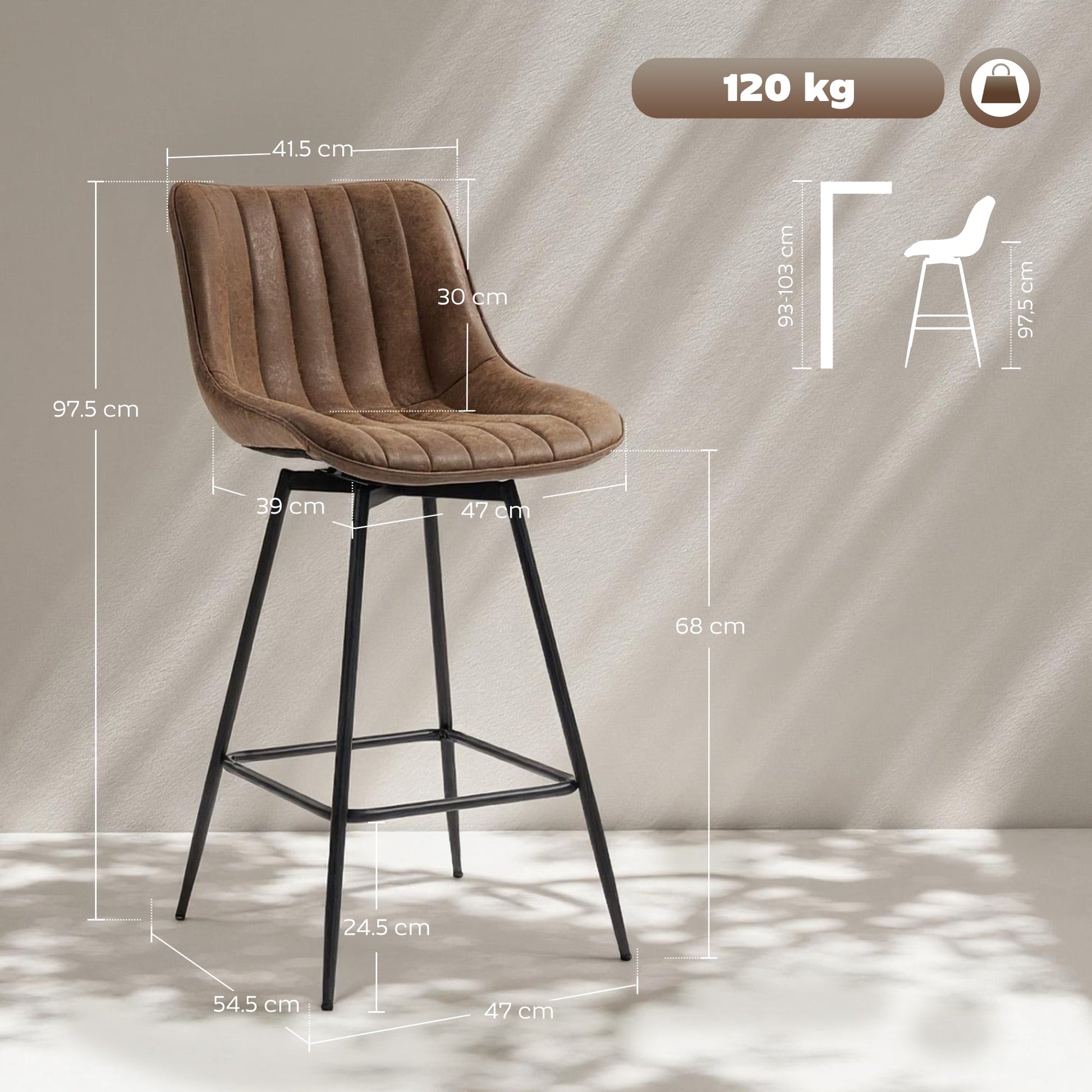 Swivel Bar Stools Set of 2, Textured Faux Leather Counter Stools with Backrest and Footrest, Height Adjustable Breakfast Chairs for Kitchen Island, Home Bar, Dining Room, Brown