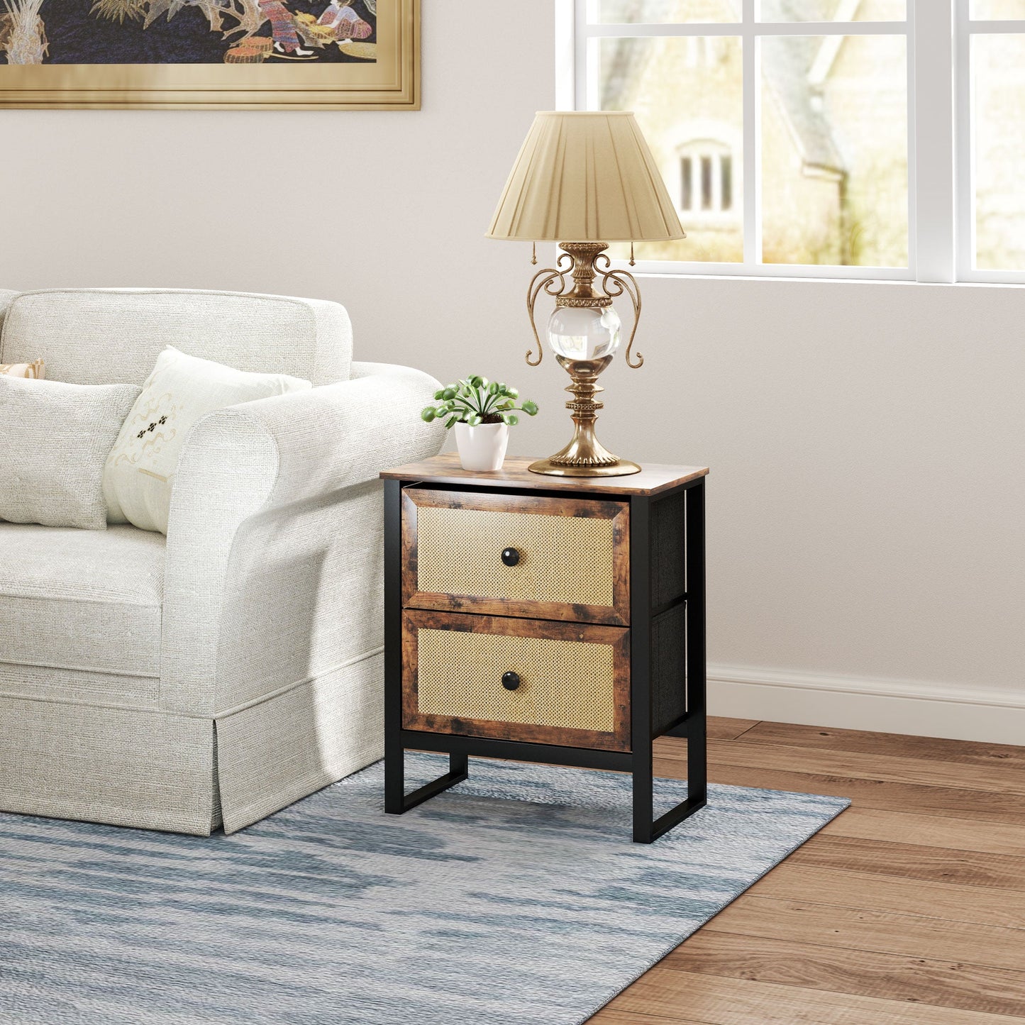 HOMCOM Bedside Table, Side Table with 2 Rattan Drawers, Bedside Cabinet with Storage and Steel Legs for Bedroom, Living Room, Rustic Brown