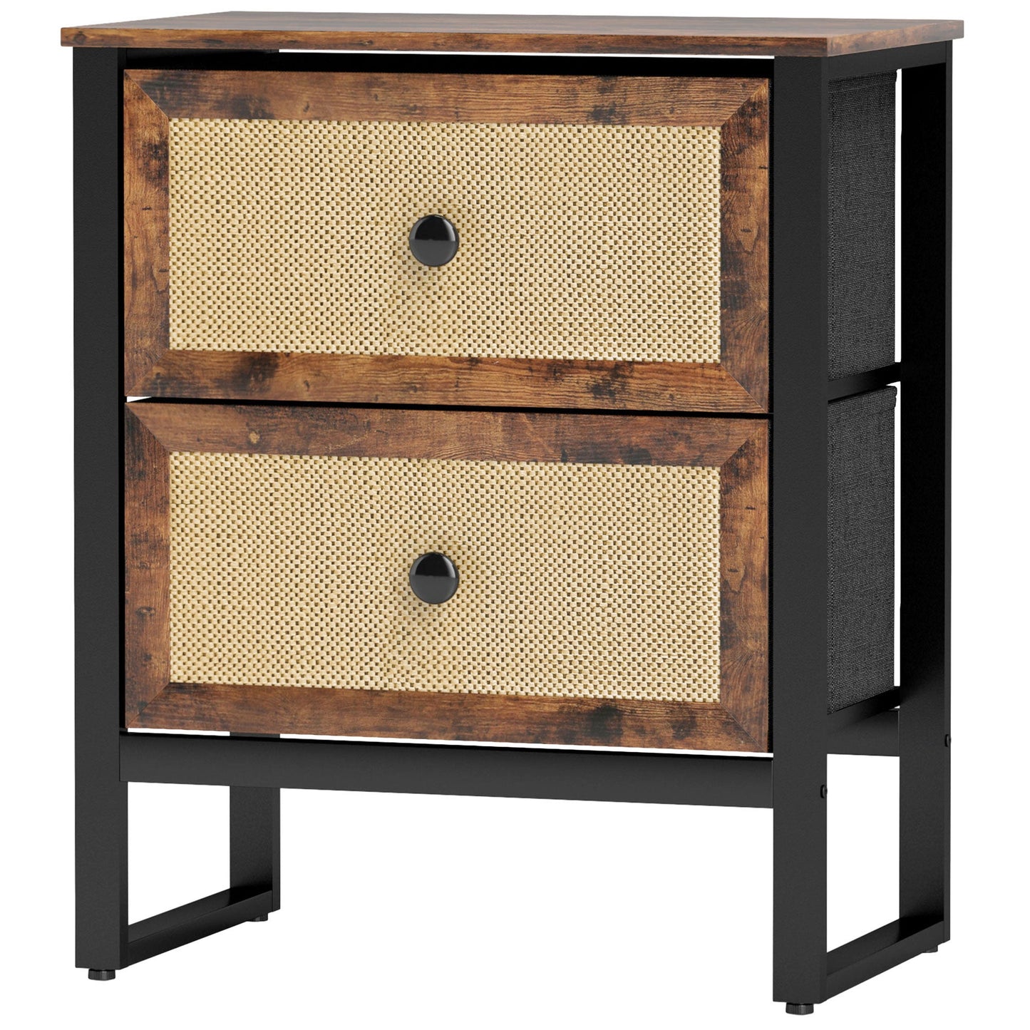 HOMCOM Bedside Table, Side Table with 2 Rattan Drawers, Bedside Cabinet with Storage and Steel Legs for Bedroom, Living Room, Rustic Brown