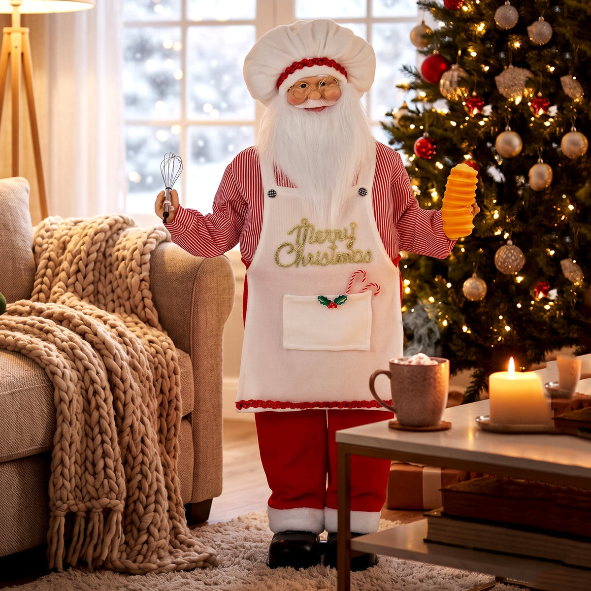 4ft Life Size Singing Cooking Santa Claus, 120 cm Standing Musical Animated Santa with Bread, Head Moving, Posable Arms, Handcrafted, Sound Touch Activated, Moving Christmas Figure Decoration