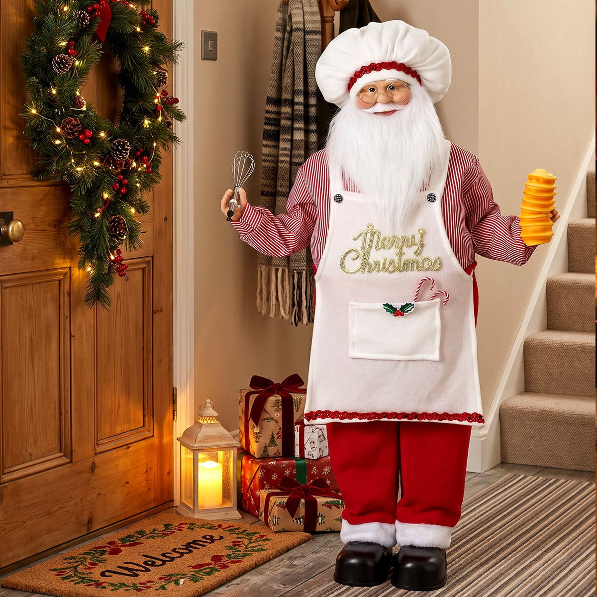 4ft Life Size Singing Cooking Santa Claus, 120 cm Standing Musical Animated Santa with Bread, Head Moving, Posable Arms, Handcrafted, Sound Touch Activated, Moving Christmas Figure Decoration