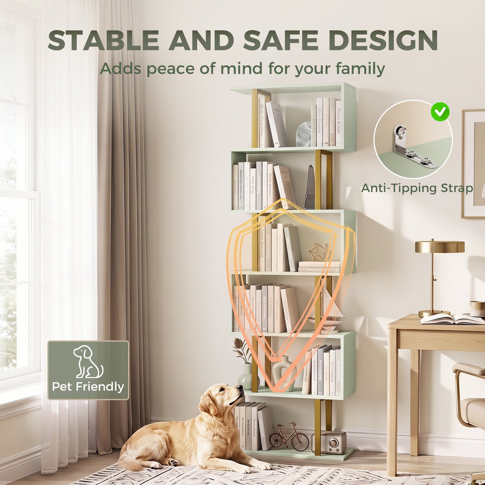 S-Shaped Bookshelf, 5-Tier Bookcase, Freestanding Storage Shelves with Anti-Tip Strap for Study, Living Room, Light Green