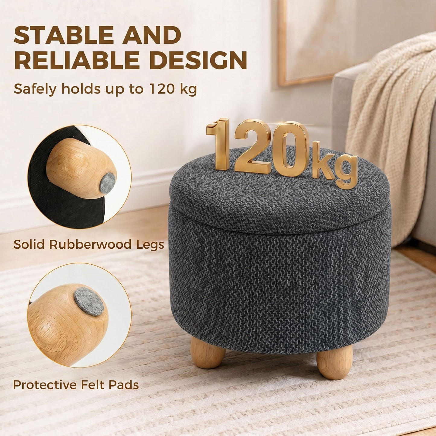 Storage Ottoman, Burlap Fabric Round Small Ottoman Foot Rest with Lid, Rubberwood Legs, End of Bed Bench Footstool for Bedroom, Hallway, Living Room, 38.5 x 38.5 cm, Dark Grey