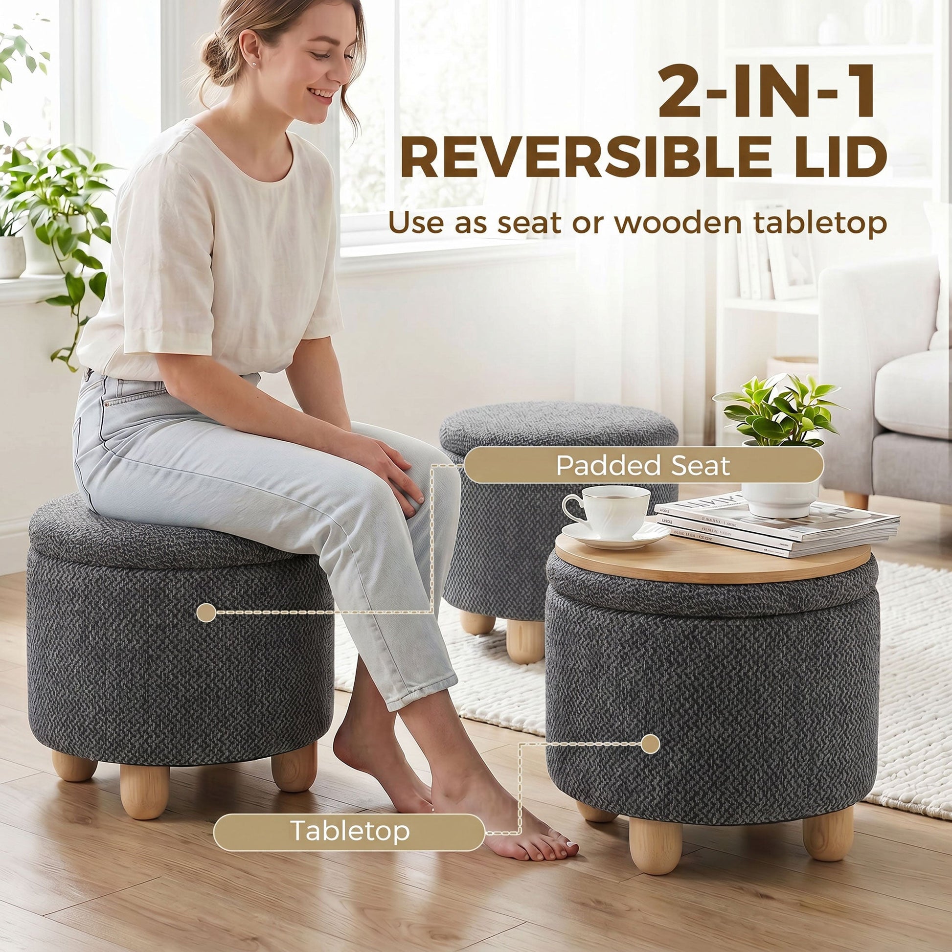 Storage Ottoman, Burlap Fabric Round Small Ottoman Foot Rest with Lid, Rubberwood Legs, End of Bed Bench Footstool for Bedroom, Hallway, Living Room, 38.5 x 38.5 cm, Dark Grey