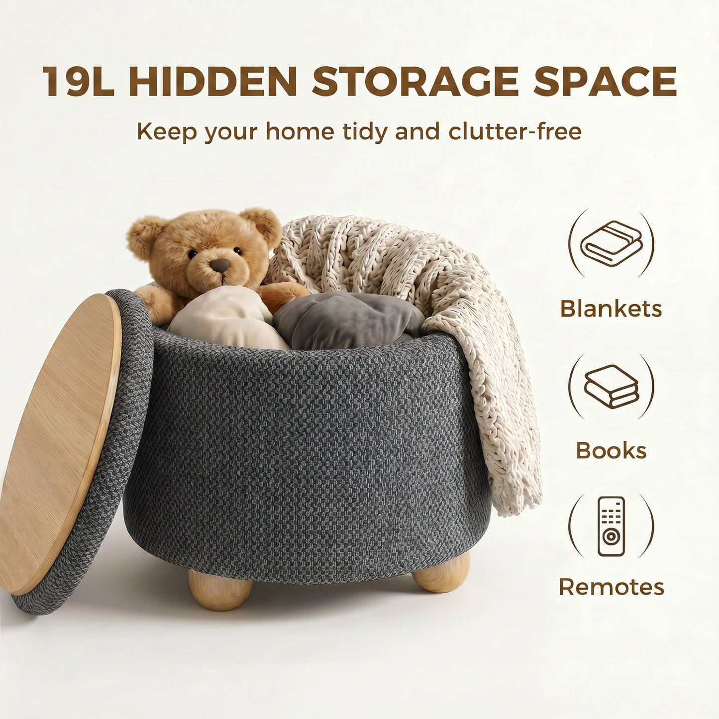 Storage Ottoman, Burlap Fabric Round Small Ottoman Foot Rest with Lid, Rubberwood Legs, End of Bed Bench Footstool for Bedroom, Hallway, Living Room, 38.5 x 38.5 cm, Dark Grey