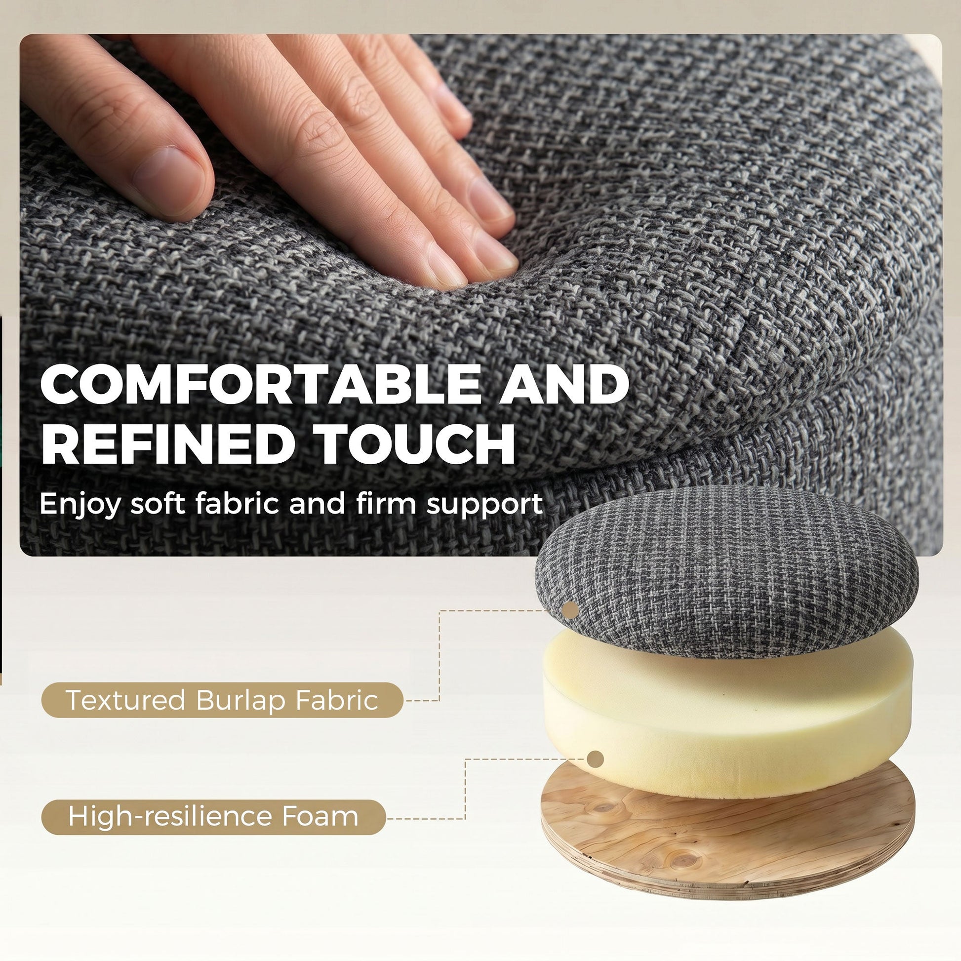 Storage Ottoman, Burlap Fabric Round Small Ottoman Foot Rest with Lid, Rubberwood Legs, End of Bed Bench Footstool for Bedroom, Hallway, Living Room, 38.5 x 38.5 cm, Dark Grey