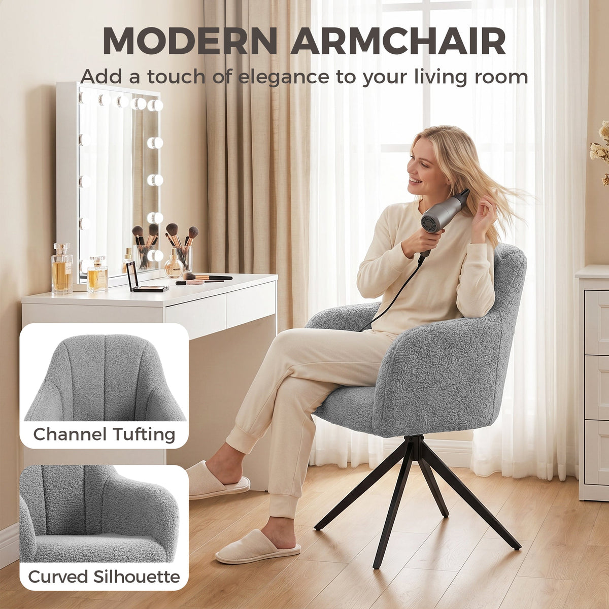 360 Degree Swivel Accent Chair, Snow Flannel Armchair, Upholstered Tufted Vanity Chair with Steel Legs for Living Room, Bedroom, Home Office, Grey
