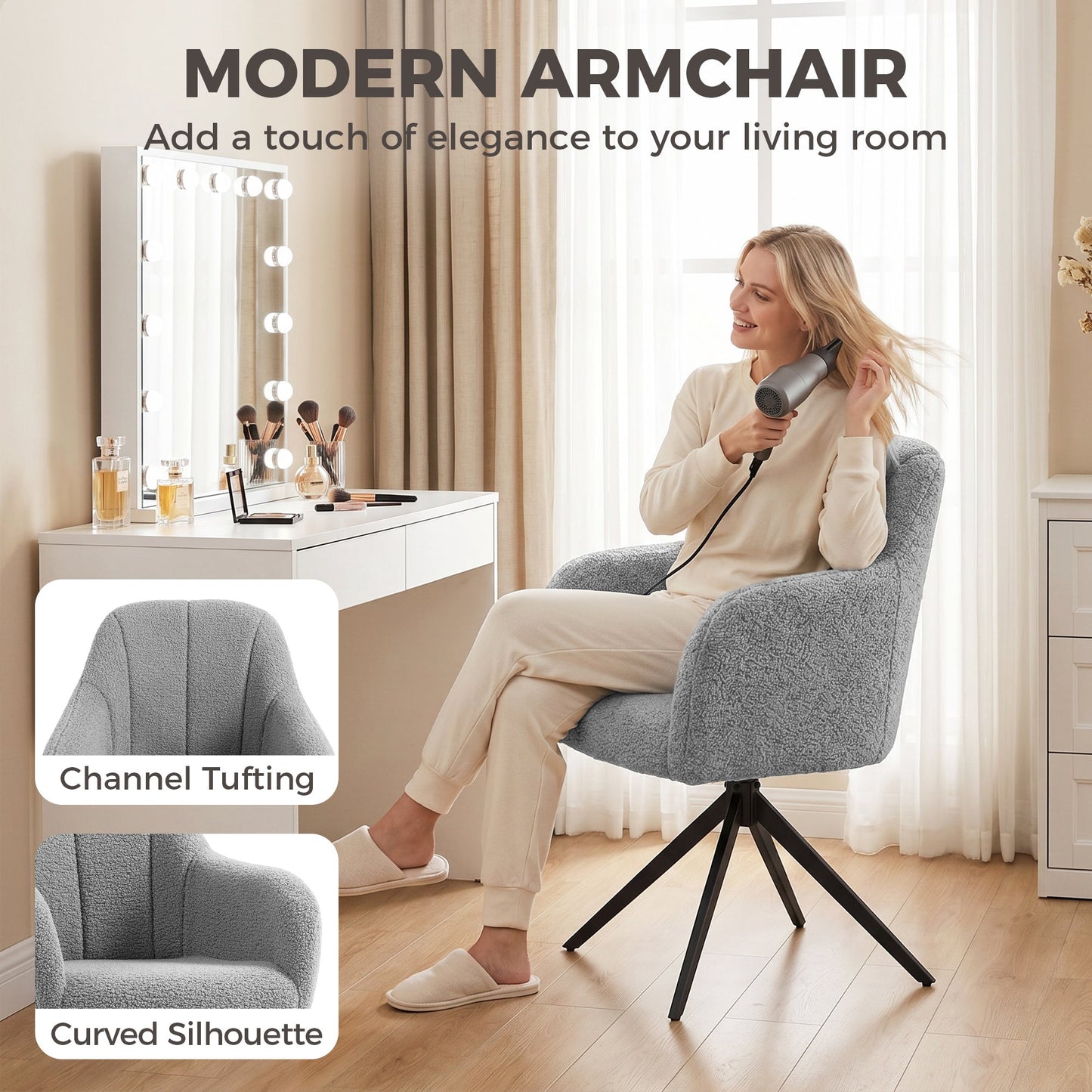 360 Degree Swivel Accent Chair, Snow Flannel Armchair, Upholstered Tufted Vanity Chair with Steel Legs for Living Room, Bedroom, Home Office, Grey