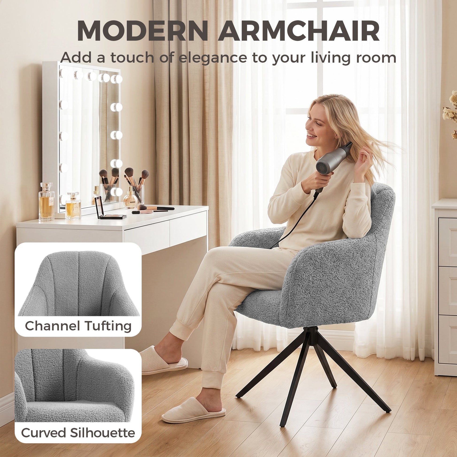 360 Degree Swivel Accent Chair, Snow Flannel Armchair, Upholstered Tufted Vanity Chair with Steel Legs for Living Room, Bedroom, Home Office, Grey